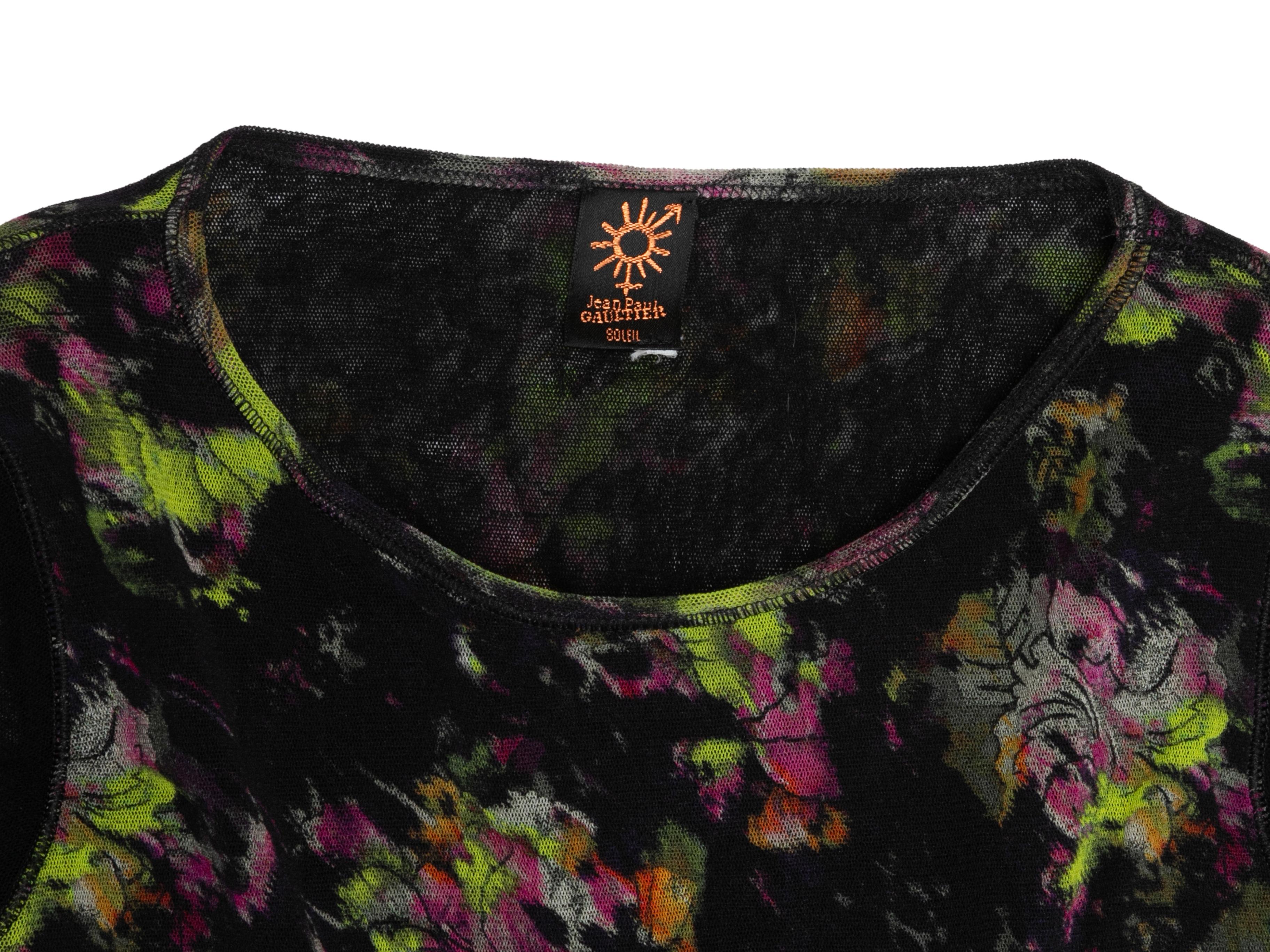 Women's Black & Multicolor Jean Paul Gaultier Soleil Mesh Floral Print Top Size US S For Sale
