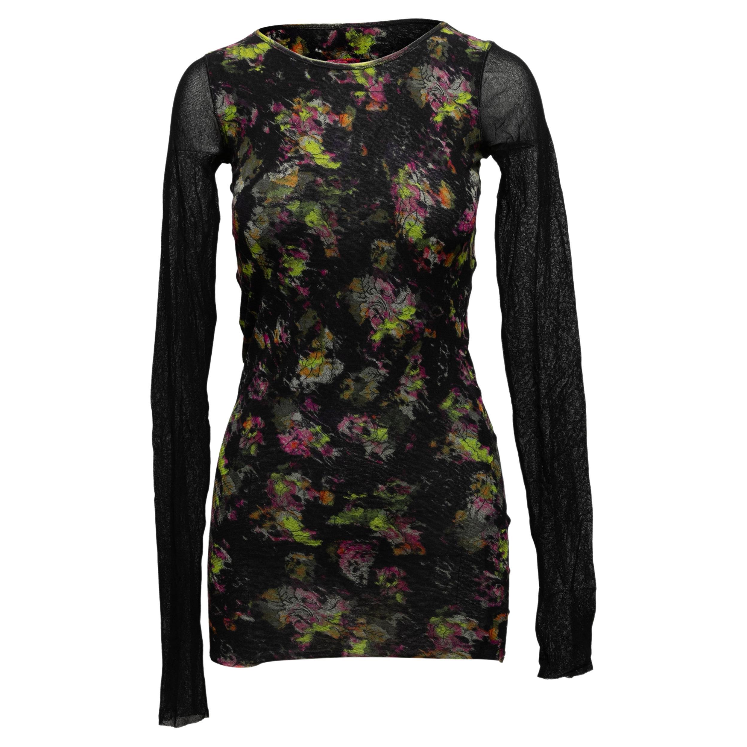 Black & Multicolor Jean Paul Gaultier Soleil Mesh Floral Print Top Size US S For Sale