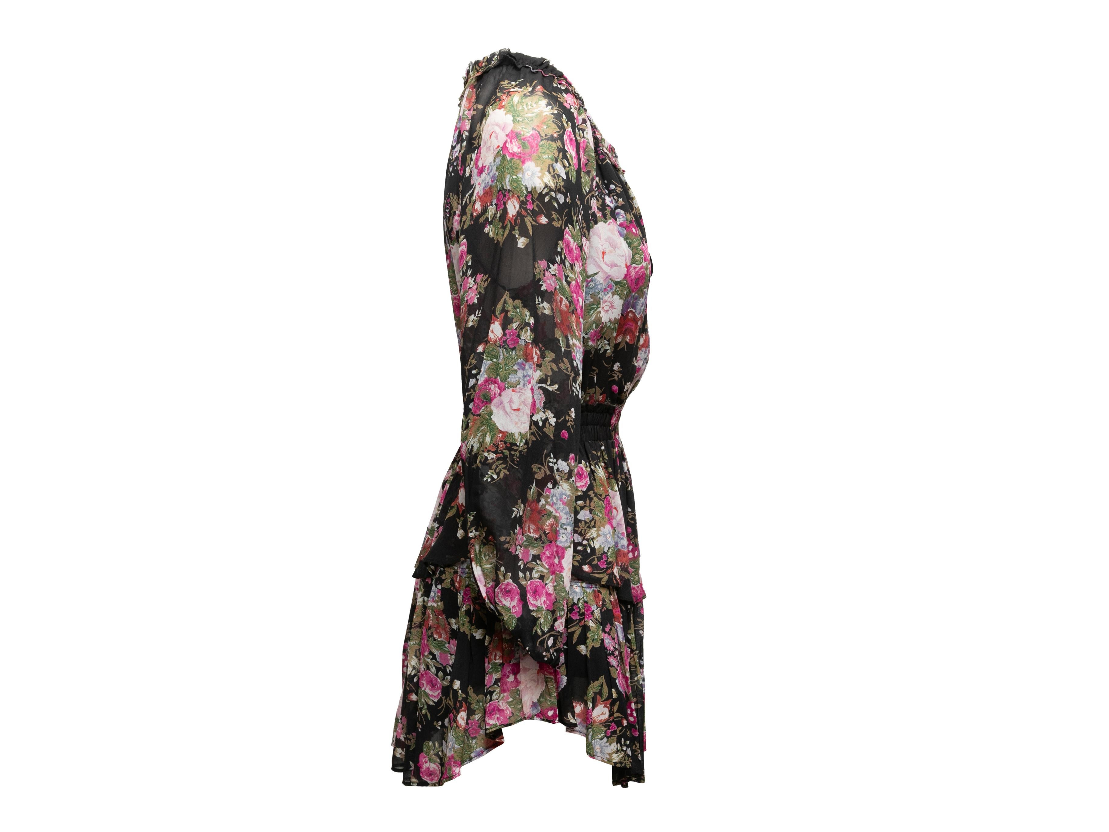 Product Details: Black and multicolor floral print mini dress by LoveShackFancy. V-neck featuring tie accent. Long sleeves. Tiered ruffle skirt. Intentional distressing at edges. 30