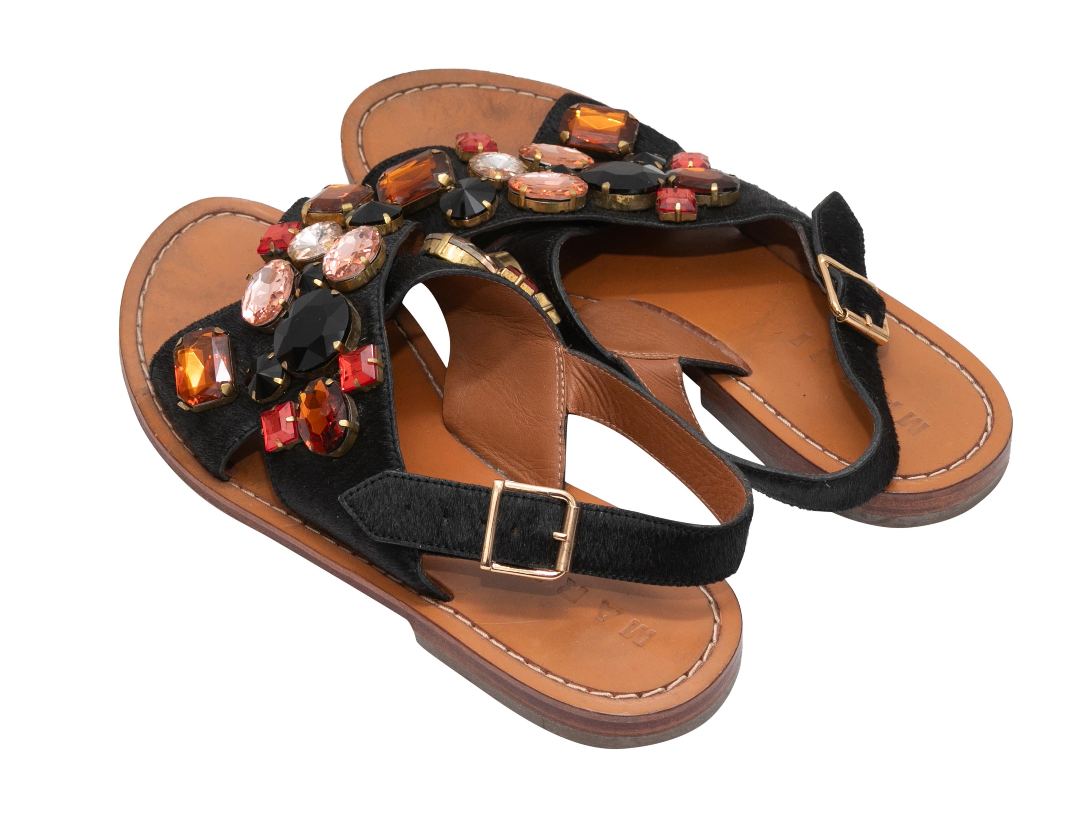 Black & Multicolor Marni Ponyhair Rhinestone-Embellished Sandals Size 37.5 In Good Condition For Sale In New York, NY