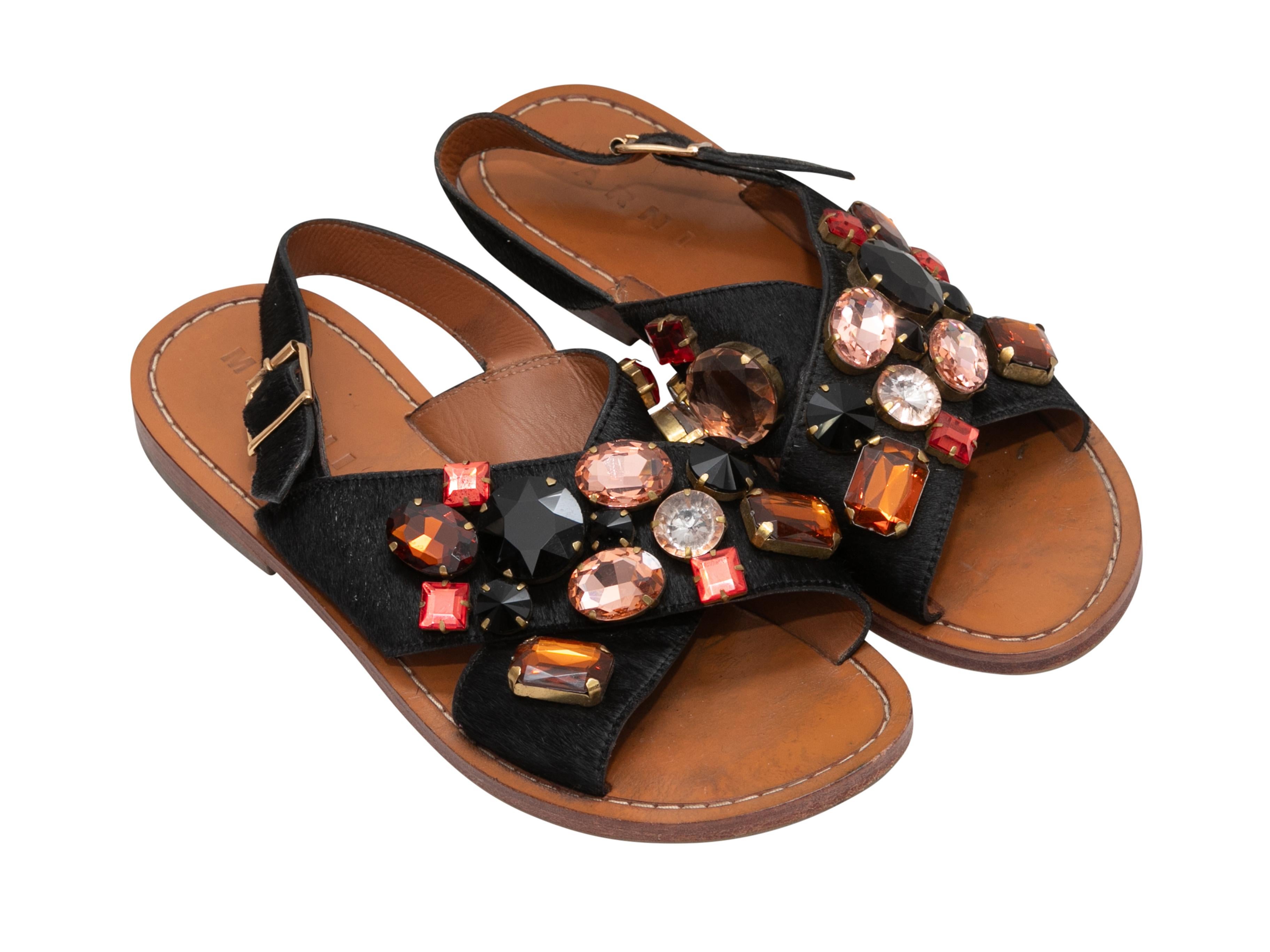 Women's or Men's Black & Multicolor Marni Ponyhair Rhinestone-Embellished Sandals Size 37.5 For Sale