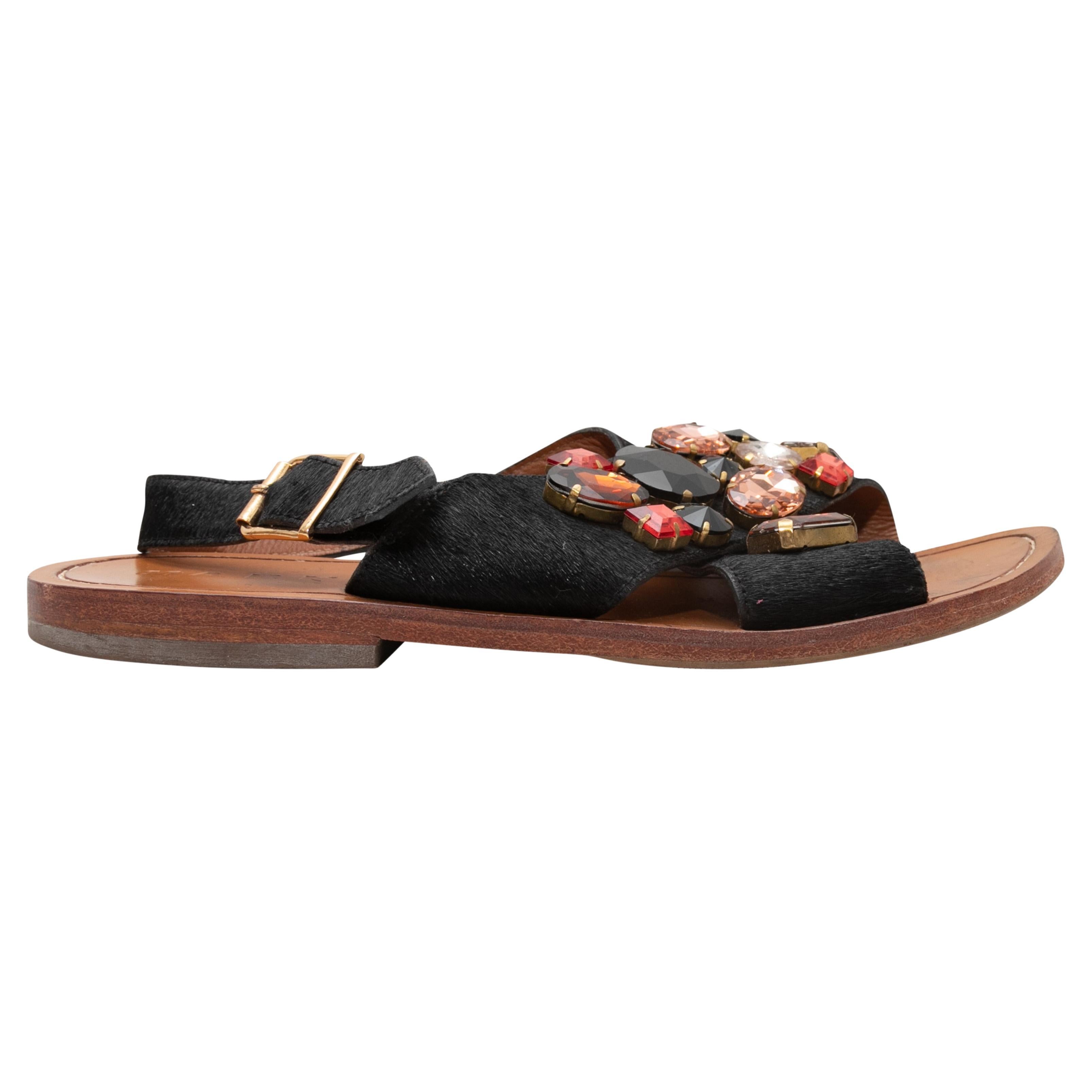 Black & Multicolor Marni Ponyhair Rhinestone-Embellished Sandals Size 37.5 For Sale