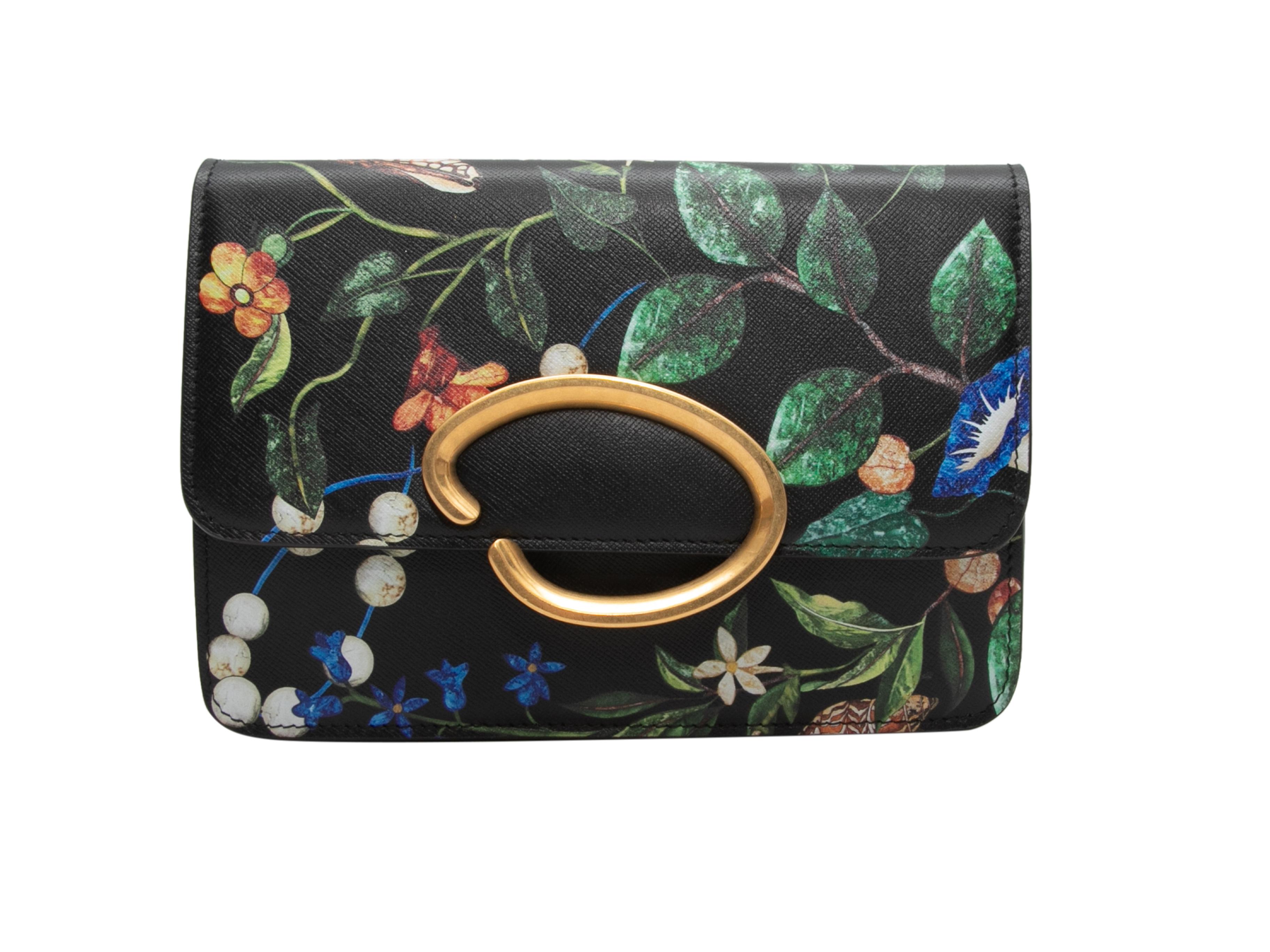 Black & Multicolor Oscar de la Renta Floral Print Pochette. This pochette features and printed leather body, gold-tone hardware, a single leather and chain-link shoulder strap, and a front flap closure. 7.5