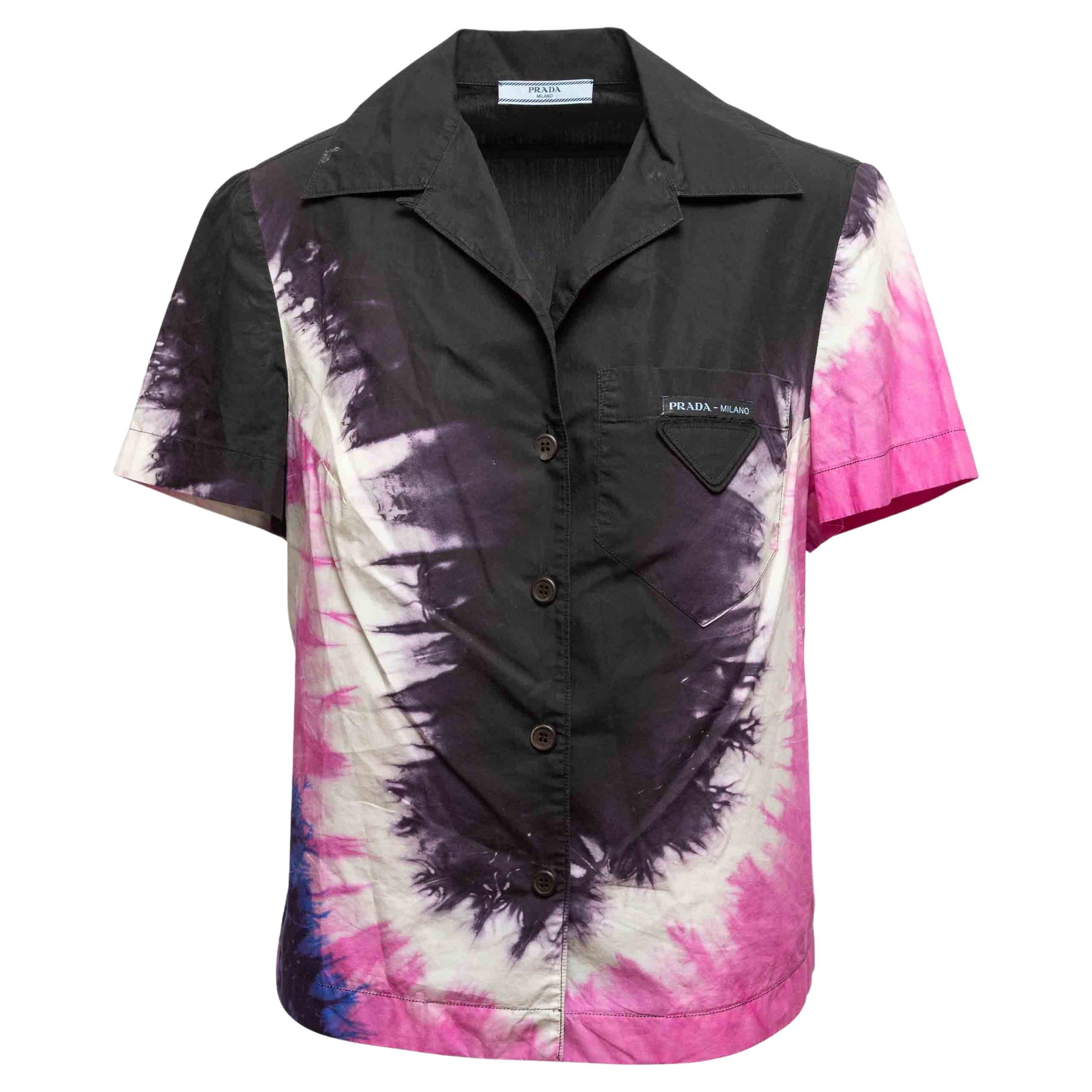 Schwarz & Multicolor Prada Tie-Dye Short Sleeve Button-Up Größe US M im Angebot