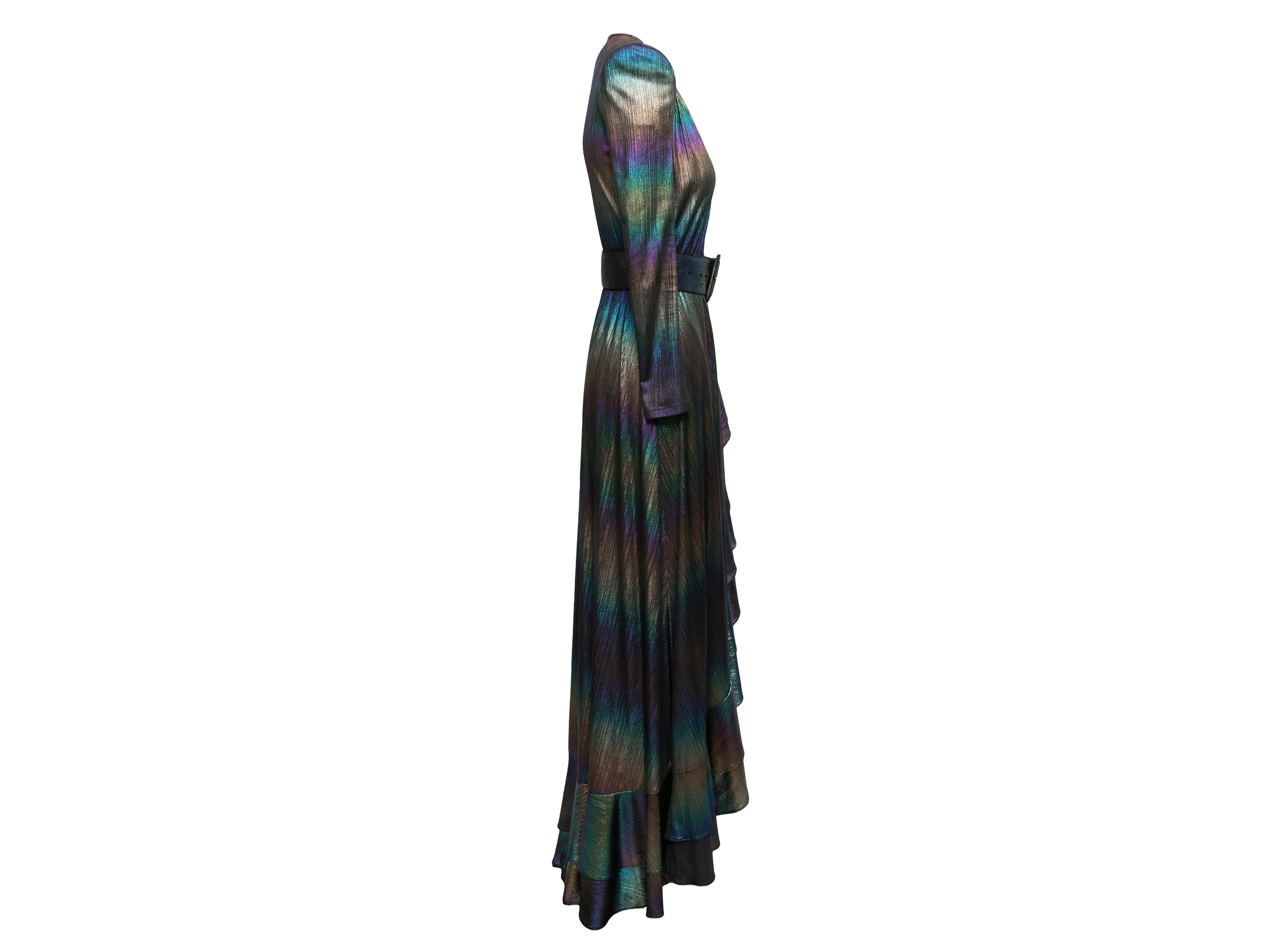  Black and multicolor Harmony oil slick metallic maxi dress by Retrofete. Plunging neckline. Structured shoulders. Long sleeves. Belt at waist. Asymetrical hem. 27
