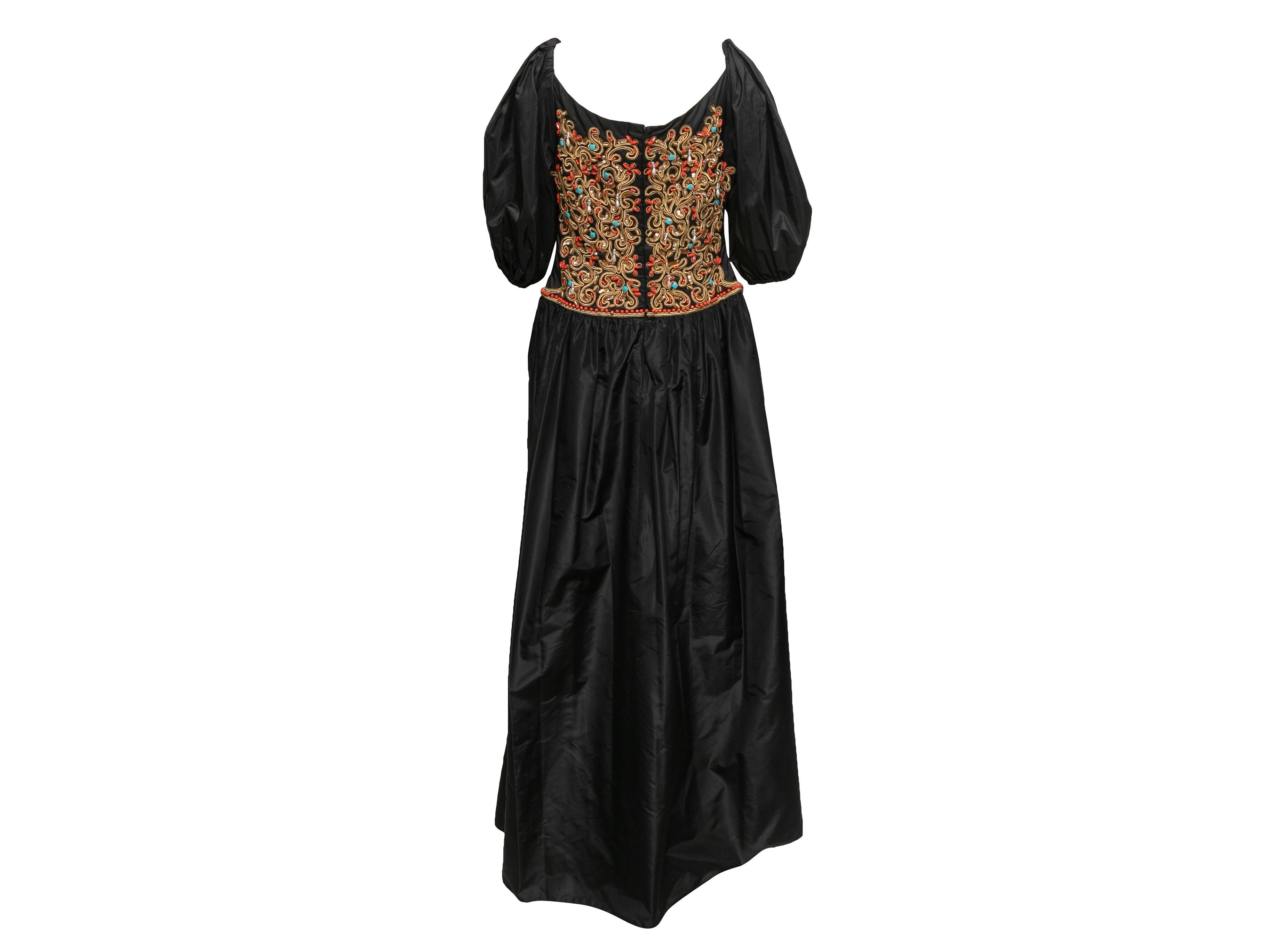 Schwarzes & mehrfarbiges Richilene-Kleid mit Perlenverzierung und Puffärmeln Größe US L im Zustand „Gut“ im Angebot in New York, NY