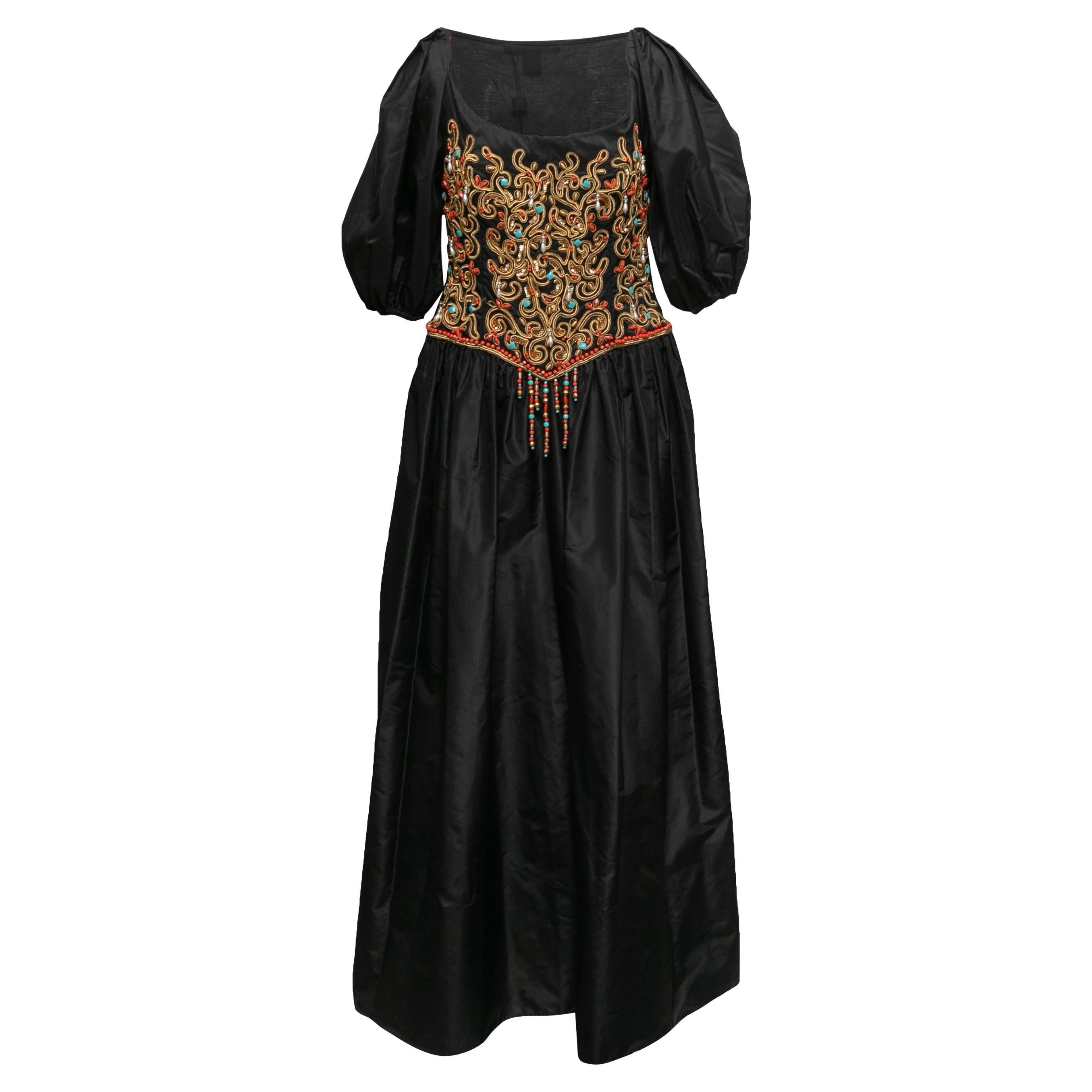 Schwarzes & mehrfarbiges Richilene-Kleid mit Perlenverzierung und Puffärmeln Größe US L im Angebot