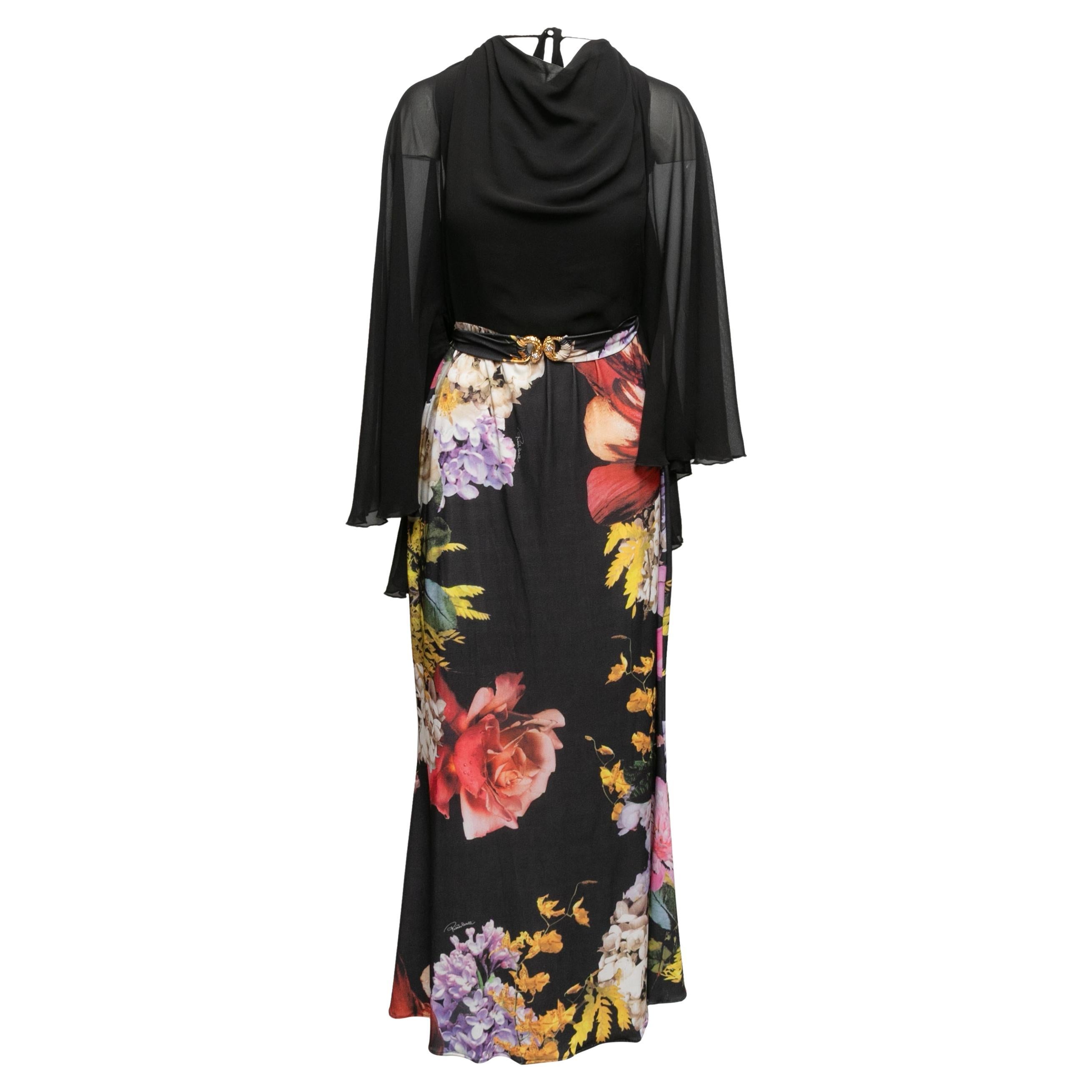 Black & Multicolor Roberto Cavalli Floral Print Long Sleeve Dress Size US M For Sale