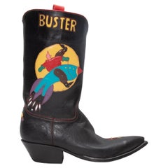 Black & Multicolor Rocketbuster Logo Leather Cowboy Boots Size 40