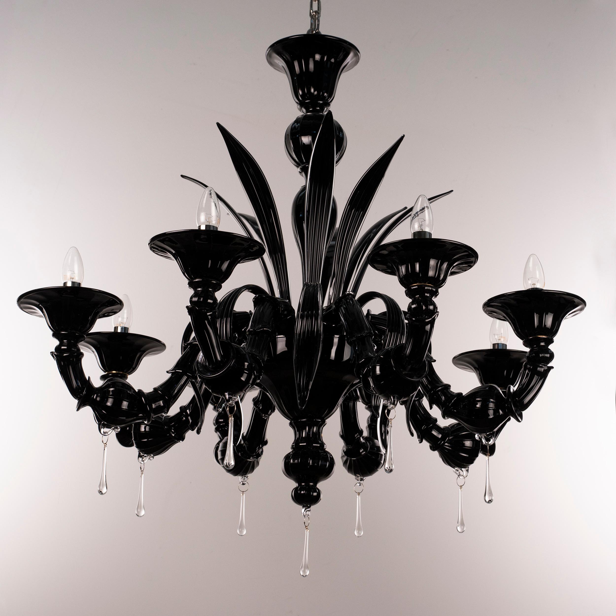 Italian Black Murano glass chandelier 8 arm Rezzonico in stock by Gabbiani Venezia Italy For Sale