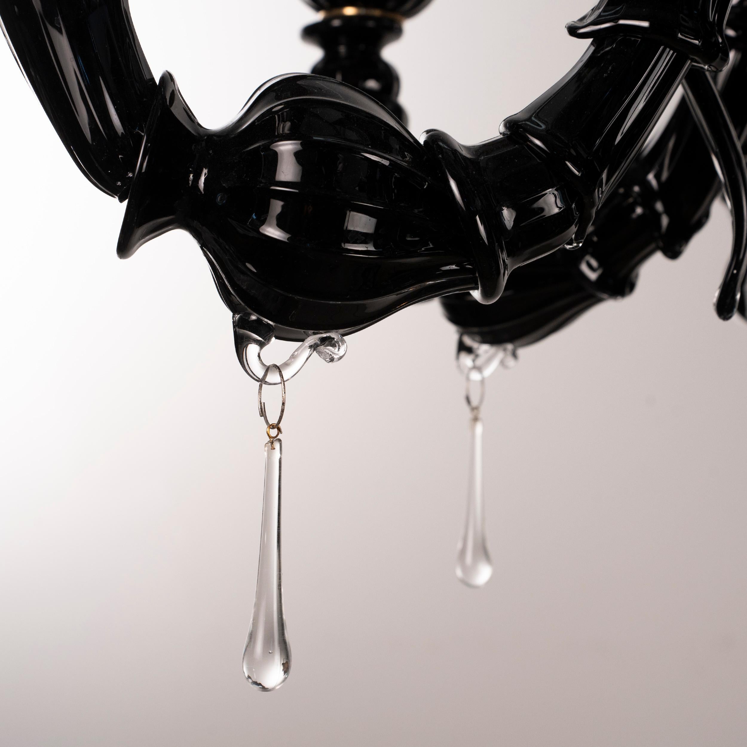 Brass Black Murano glass chandelier 8 arm Rezzonico in stock by Gabbiani Venezia Italy For Sale