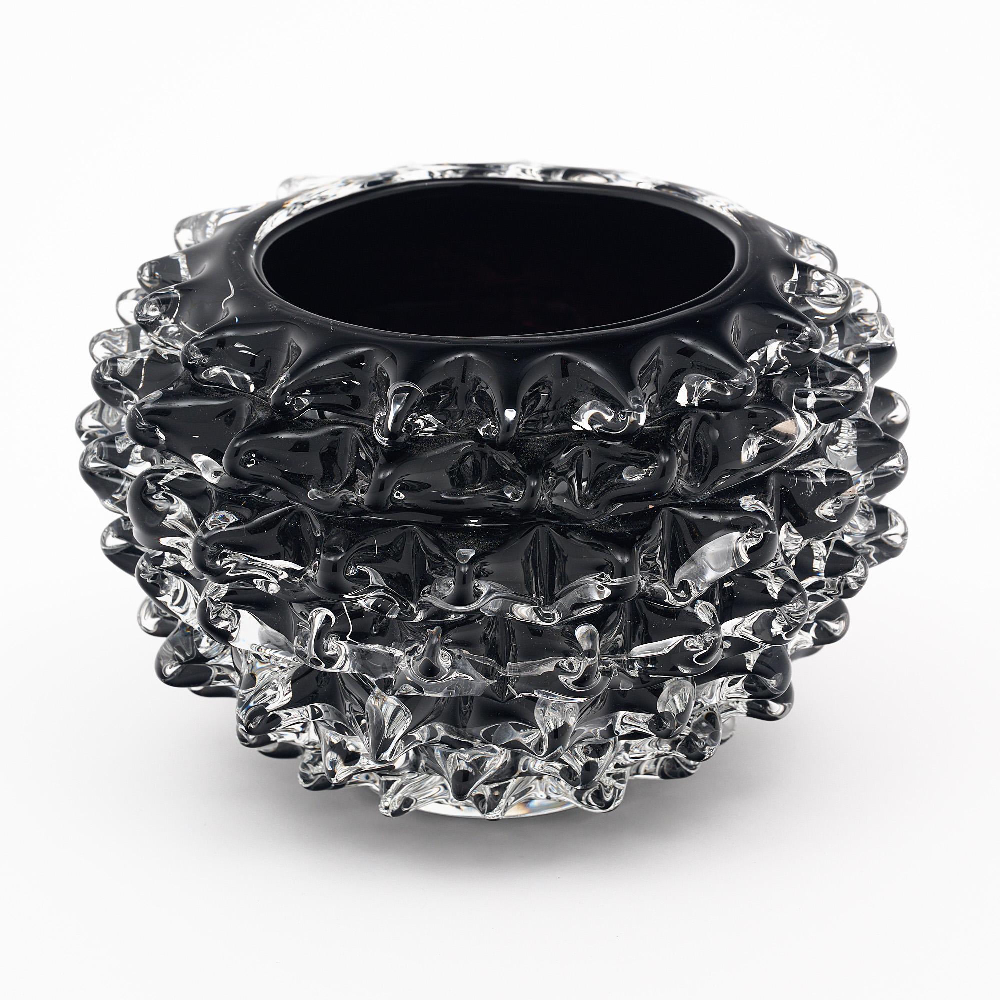 Murano glass bowl, Italian, from the island of Murano. This hand-blown piece has an impressive black color and is made using the rostrate technique. The pair is from the private Jean-Marc Fray Antiques collection and is signed.