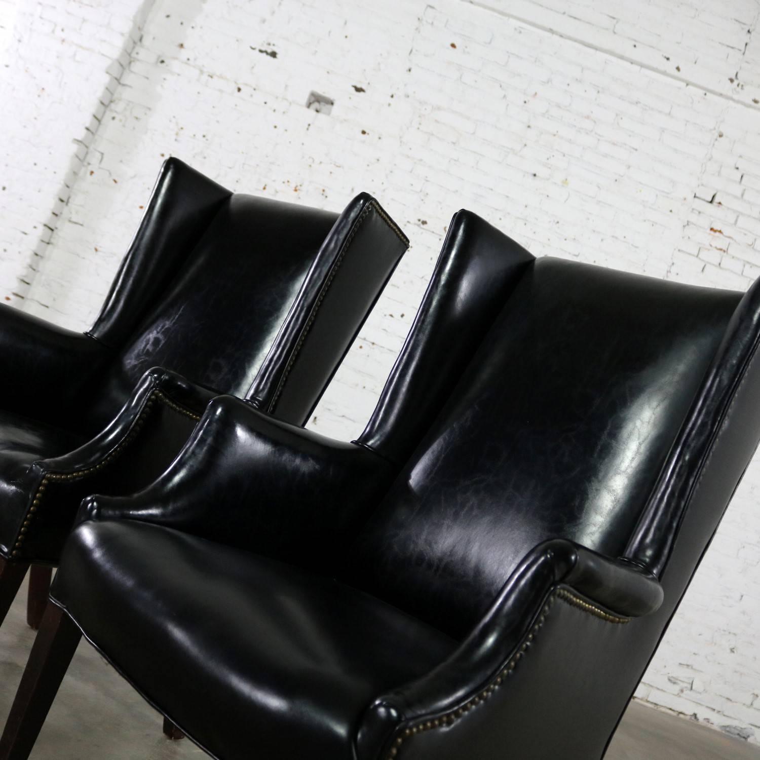 Black Naugahyde Art Deco Hollywood Regency Wingback Chairs Nailhead Detail Pair 7
