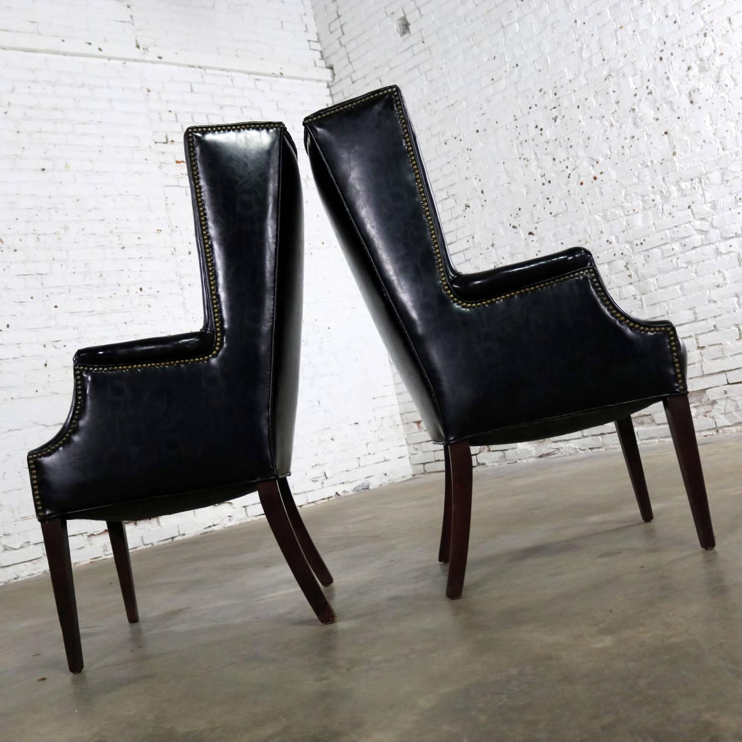 American Black Naugahyde Art Deco Hollywood Regency Wingback Chairs Nailhead Detail Pair