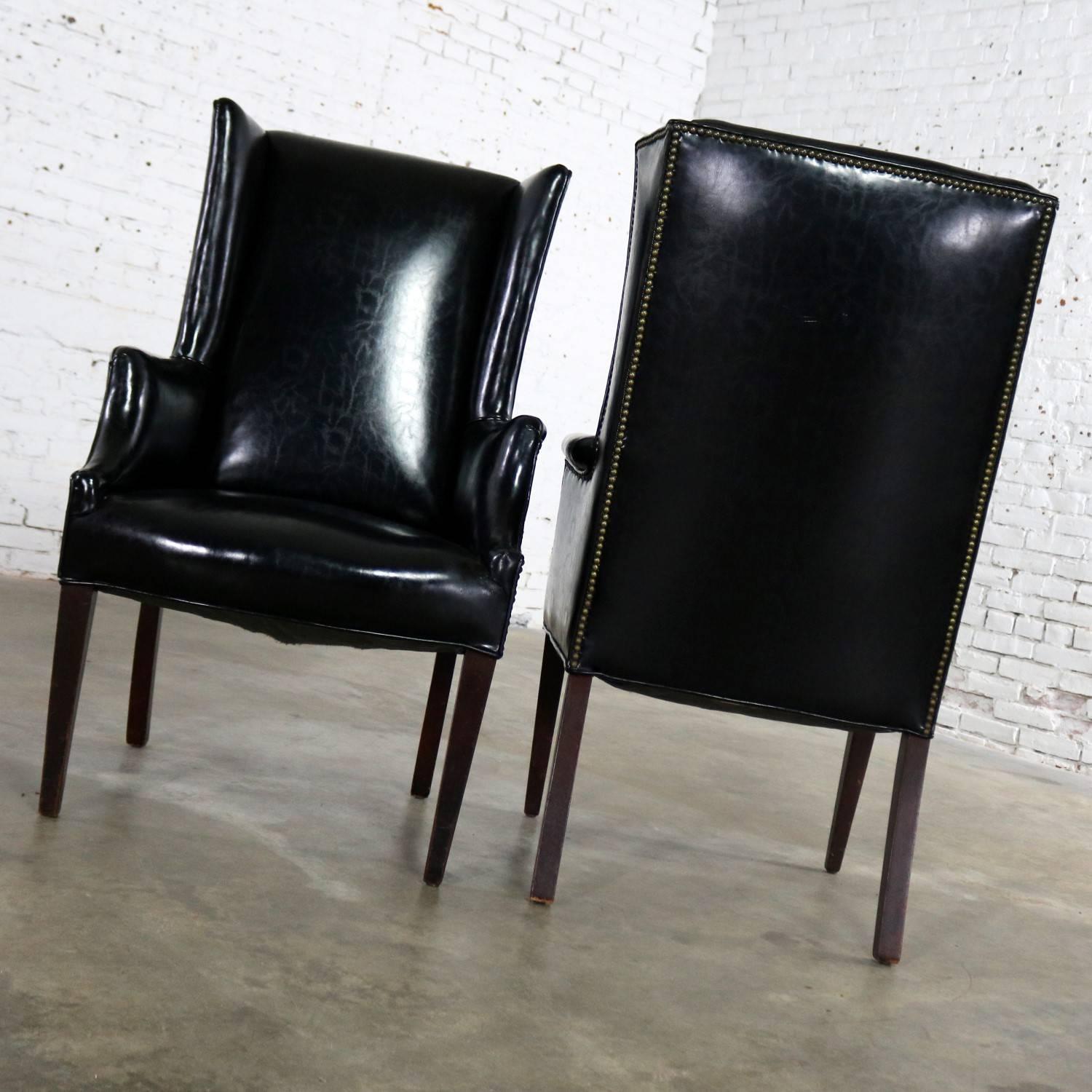 Black Naugahyde Art Deco Hollywood Regency Wingback Chairs Nailhead Detail Pair 1