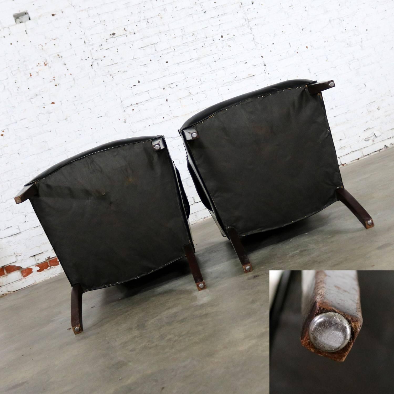 Black Naugahyde Art Deco Hollywood Regency Wingback Chairs Nailhead Detail Pair 2