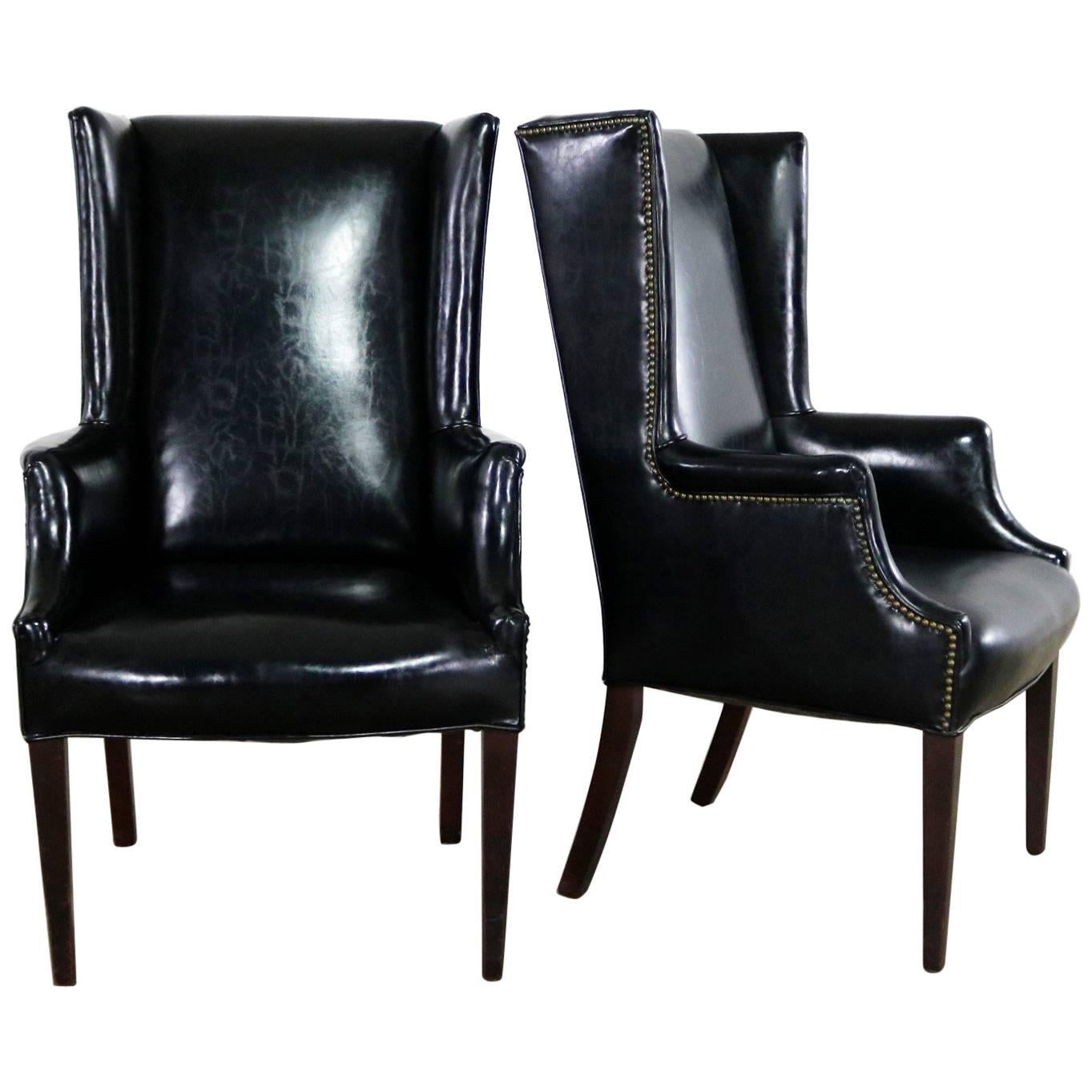 Black Naugahyde Art Deco Hollywood Regency Wingback Chairs Nailhead Detail Pair