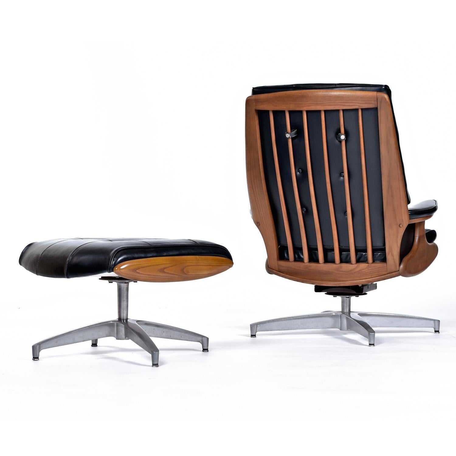 American Black Naugahyde Heywood Wakefield 710d Swivel Rocker Lounge Chair and Ottoman