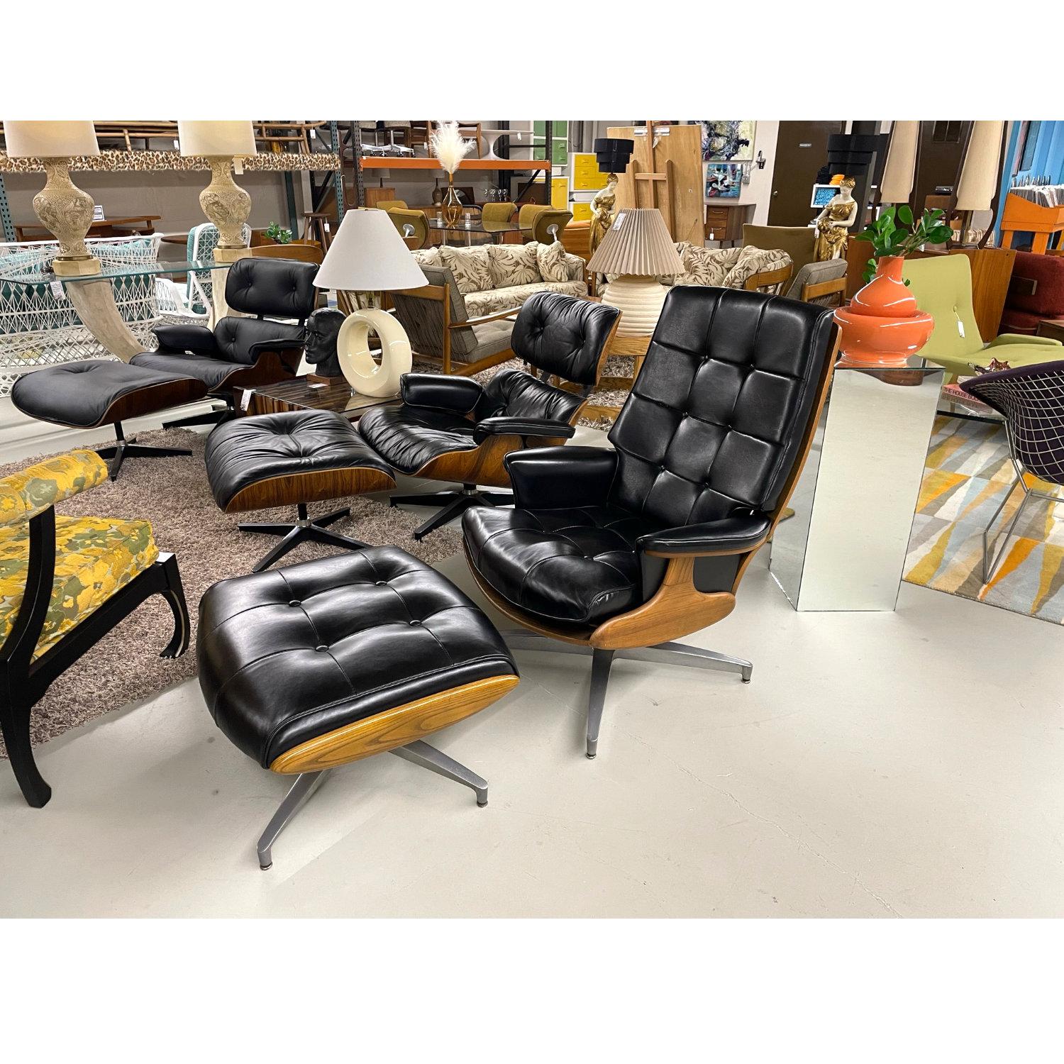 Mid-Century Modern Black Naugahyde Heywood Wakefield 710d Swivel Rocker Lounge Chair and Ottoman