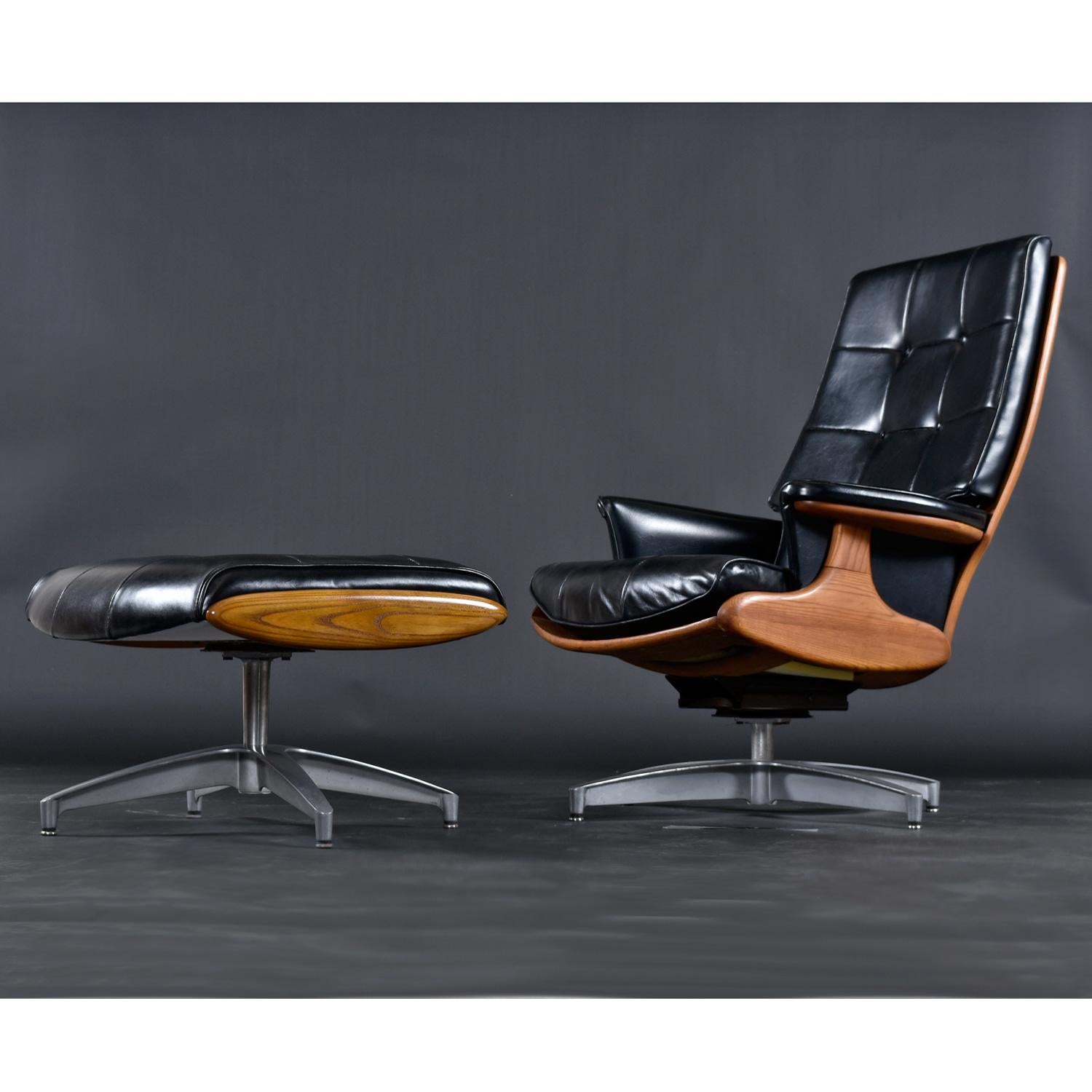 American Black Naugahyde Heywood Wakefield 710d Swivel Rocker Lounge Chair and Ottoman