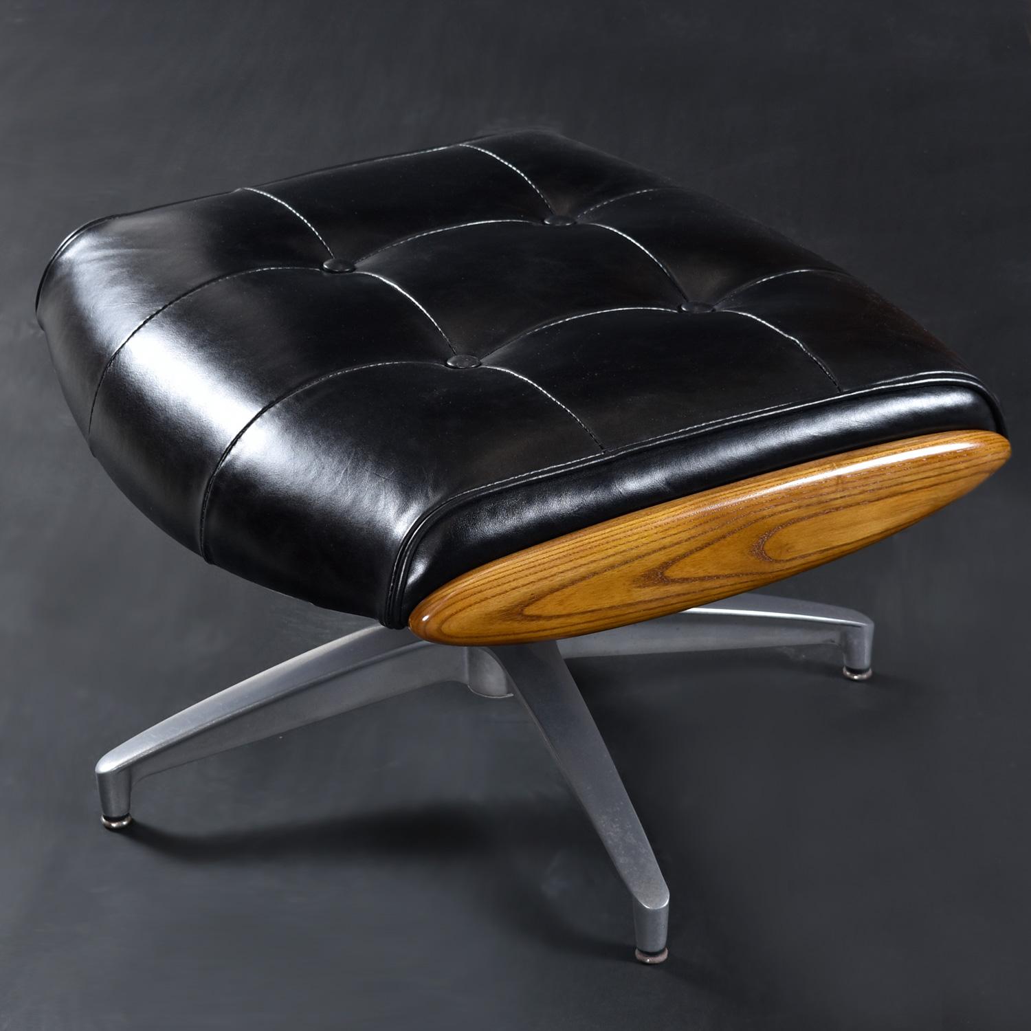 Aluminum Black Naugahyde Heywood Wakefield 710d Swivel Rocker Lounge Chair and Ottoman