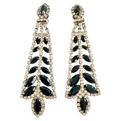 Vintage Black Navette Rhinestone Long Dangle Clip Earrings