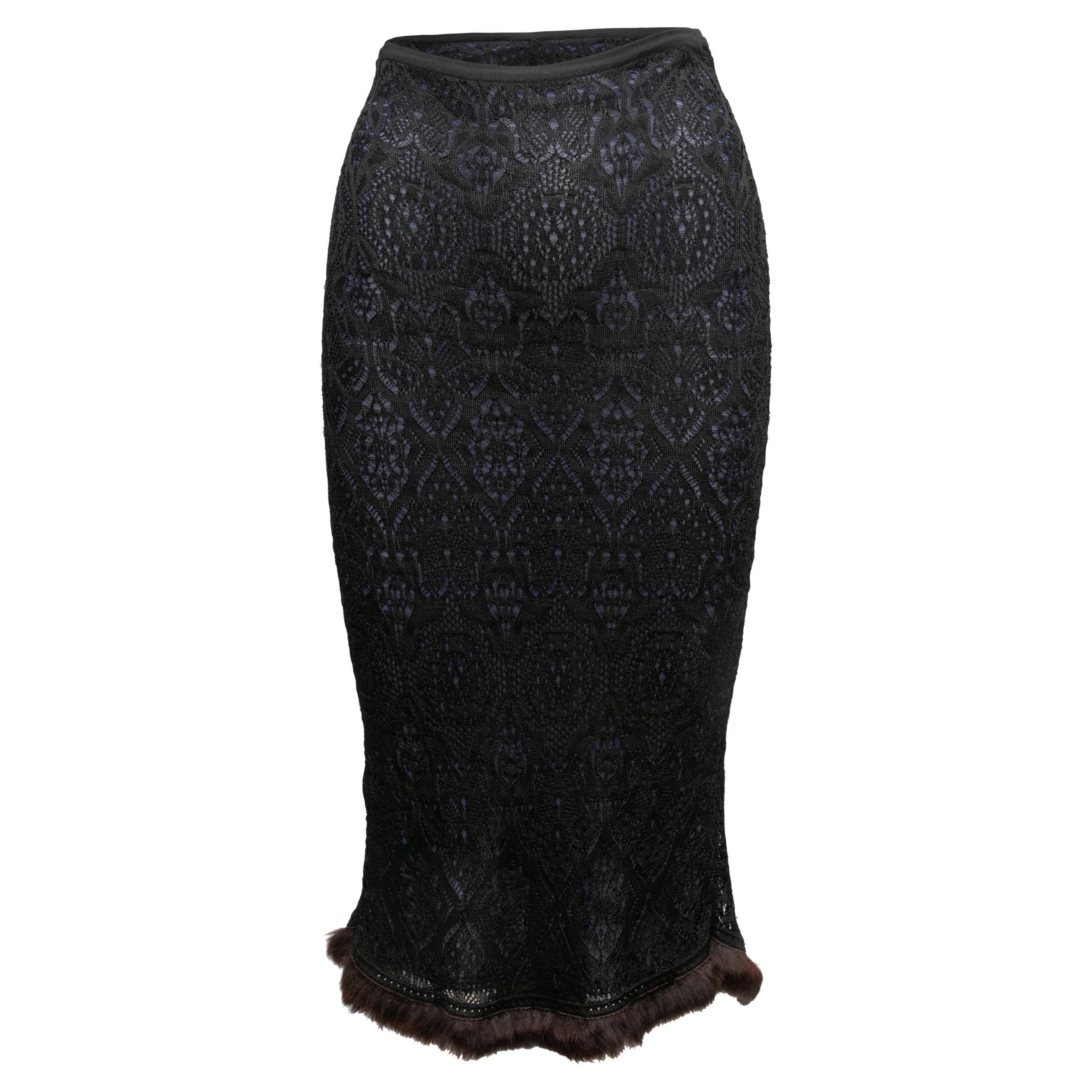 Black & Navy Adam Jones Lace Fur-Trimmed Skirt Size US S For Sale