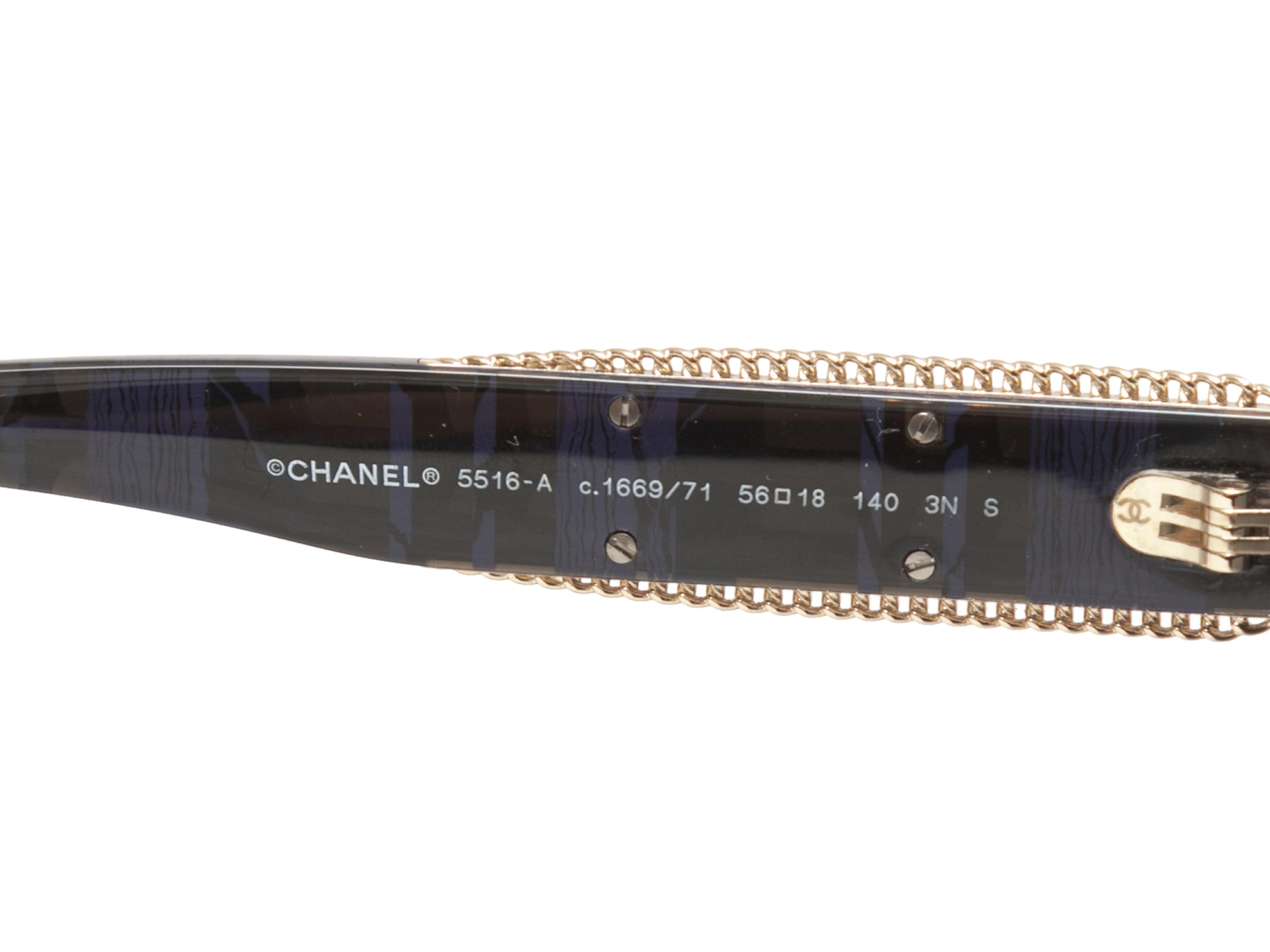 Black & Navy Chanel Printed Chain-Accented Sunglasses In Good Condition For Sale In New York, NY