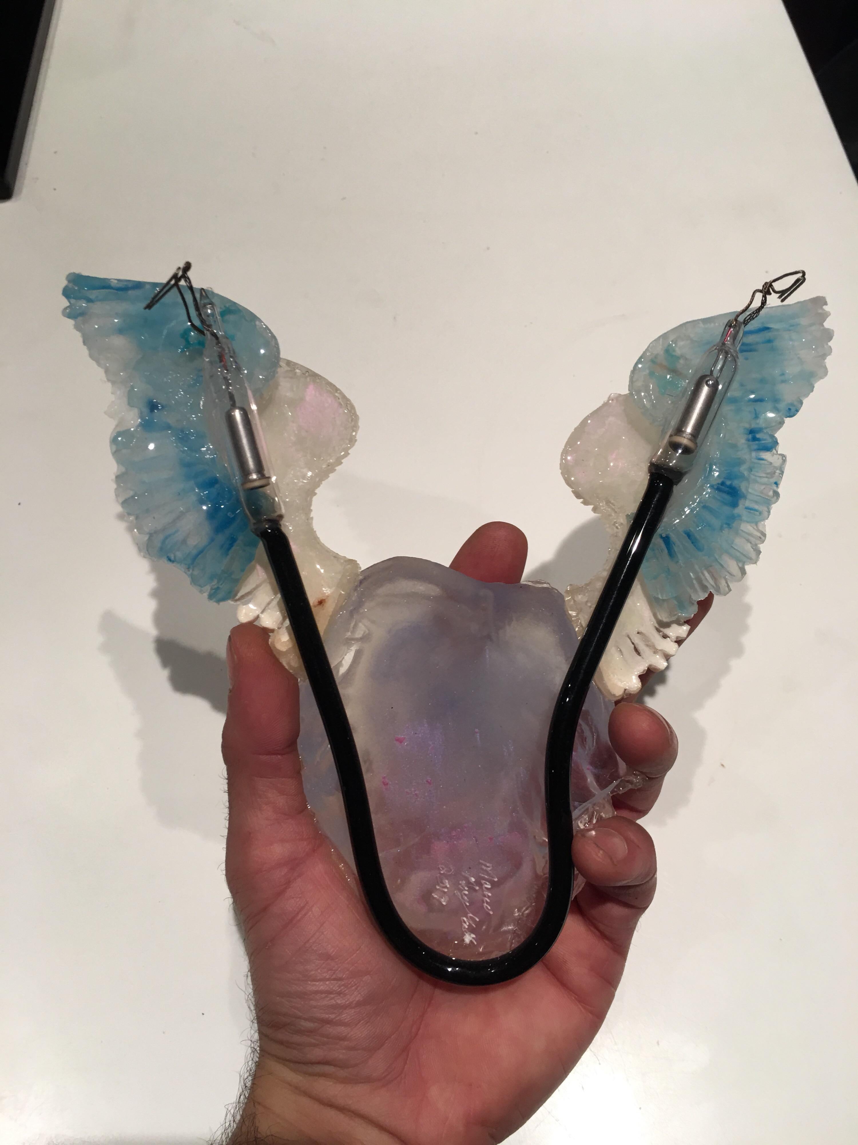 Blown Glass Black Neon Heart and Wings #3 Black Glass Illuminates This Resin Sculpture Moder