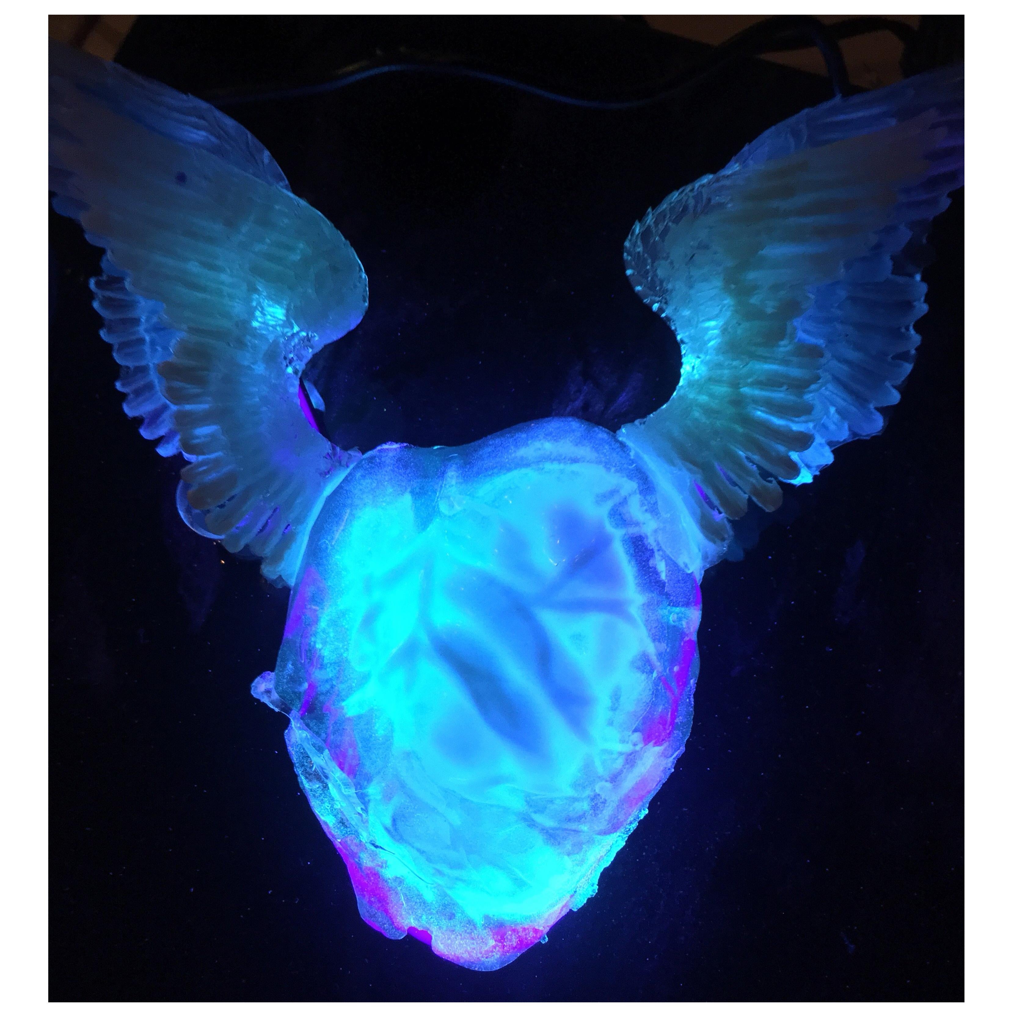 Black Neon Heart and Wings #3 Black Glass Illuminates This Resin Sculpture Moder