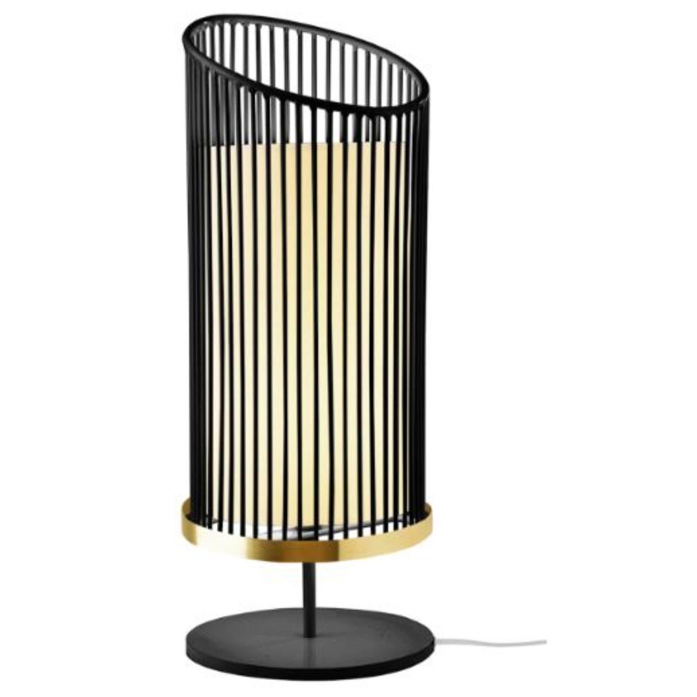 Black new spider table lamp with brass ring by Dooq.
Dimensions: W 24 x D 24 x H 60 cm.
Materials: lacquered metal, polished or brushed metal, brass.
Also available in different colors and materials. 

Information:
230V/50Hz
E27/1x20W