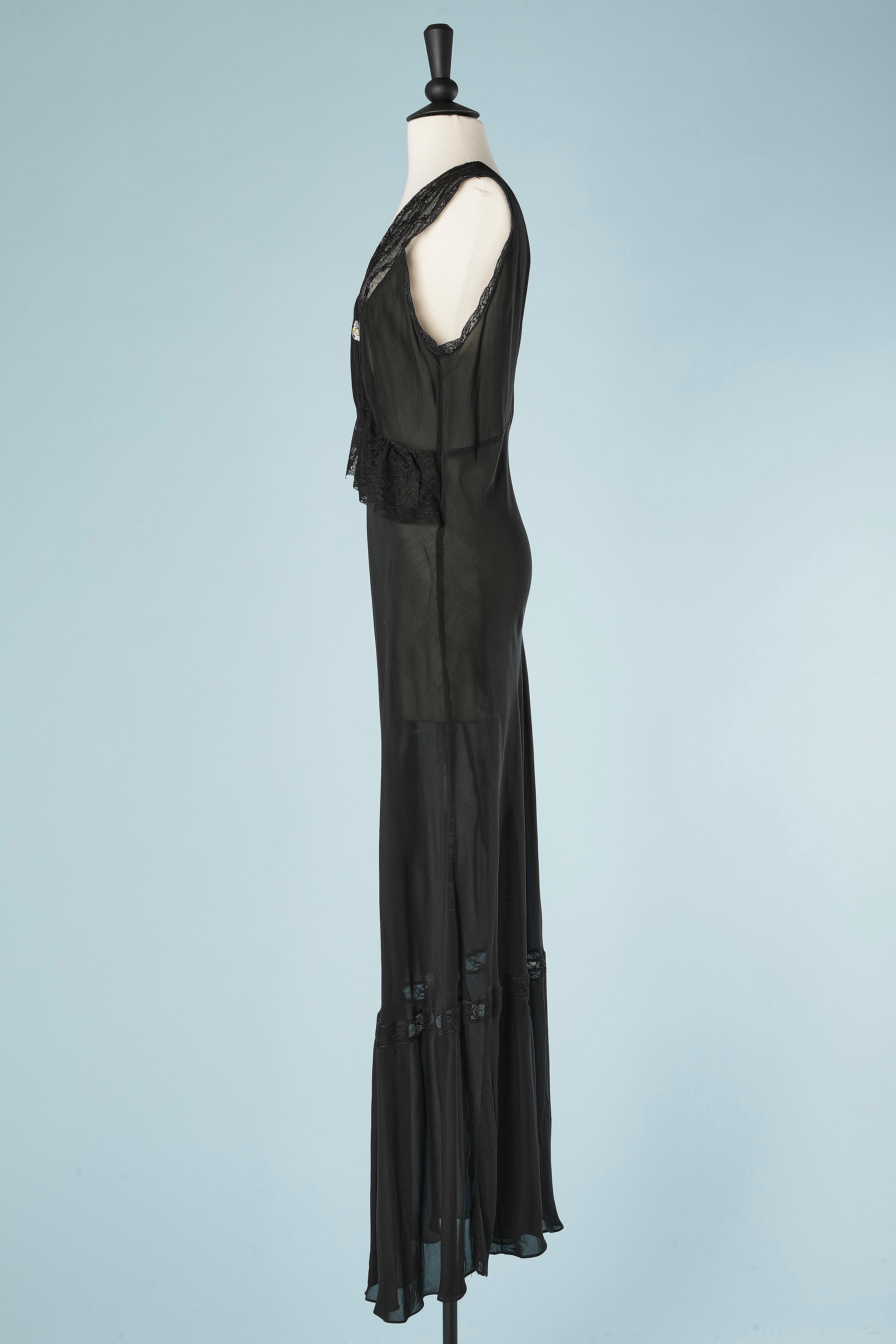 Black night gown with lace insert and satin flower in the middle front Charmode  For Sale 1