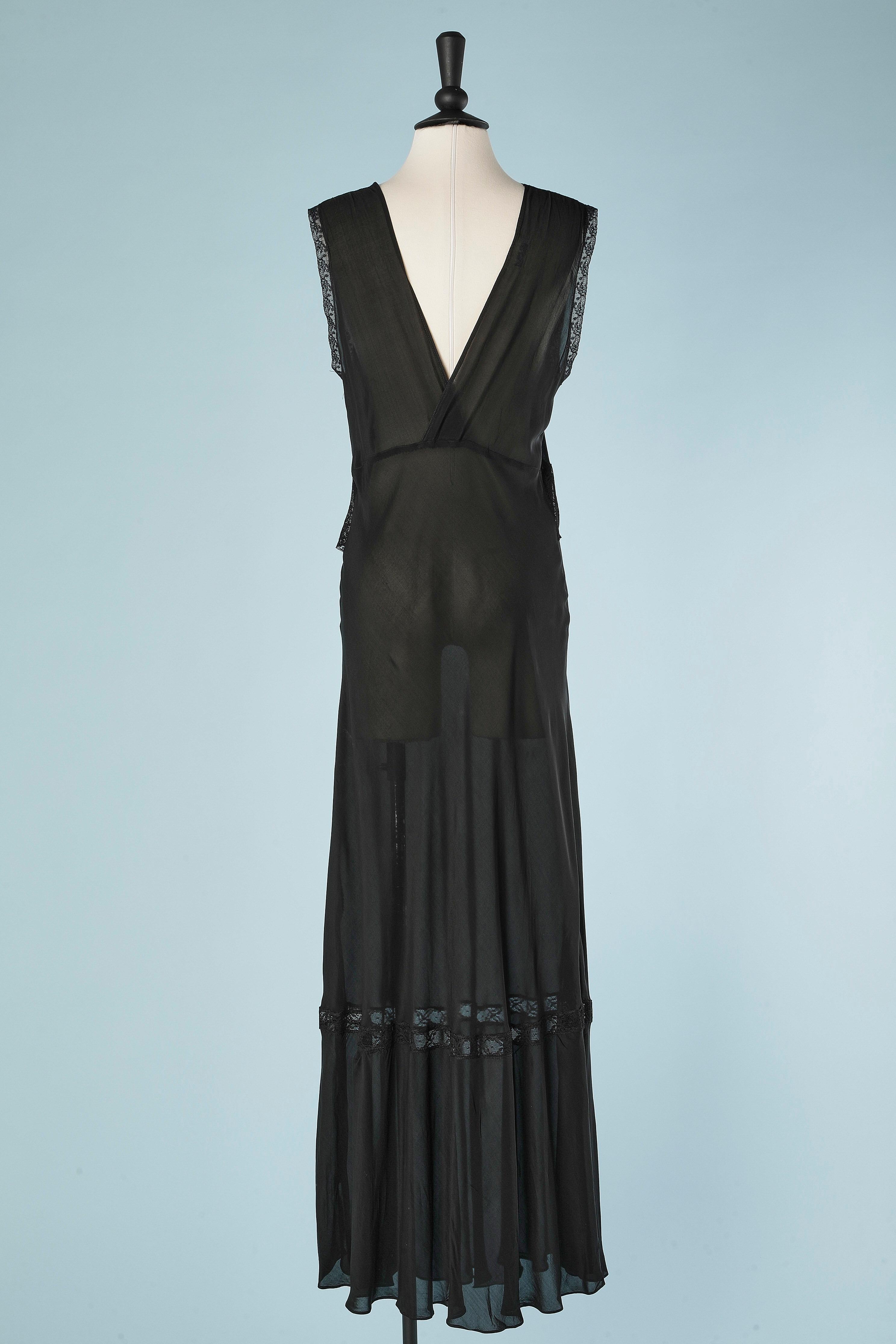 Black night gown with lace insert and satin flower in the middle front Charmode  For Sale 2