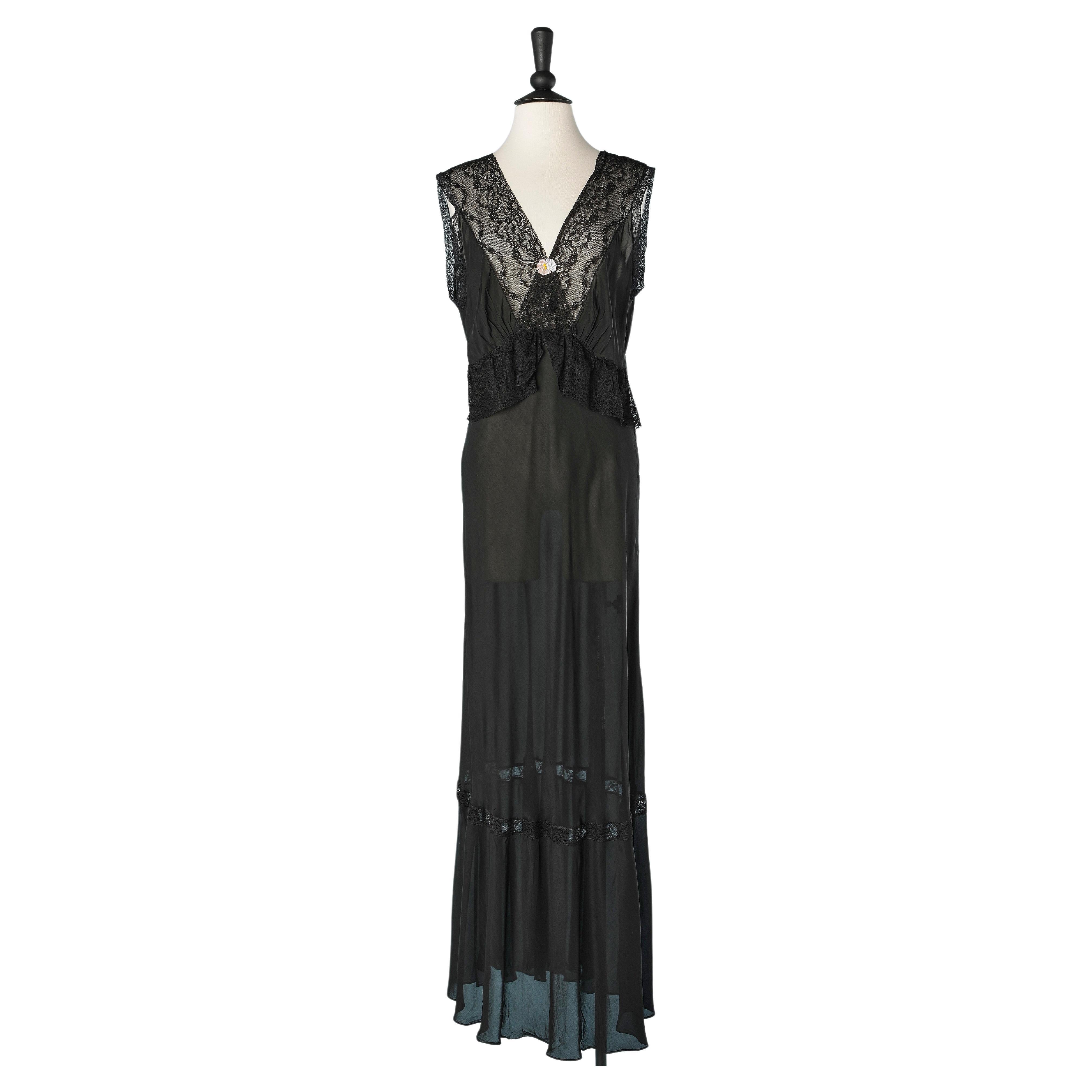 Black night gown with lace insert and satin flower in the middle front Charmode  For Sale