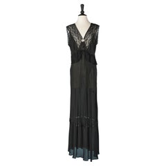 Black night gown with lace insert and satin flower in the middle front Charmode 