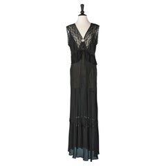 Vintage Black night gown with lace insert and satin flower in the middle front Charmode 