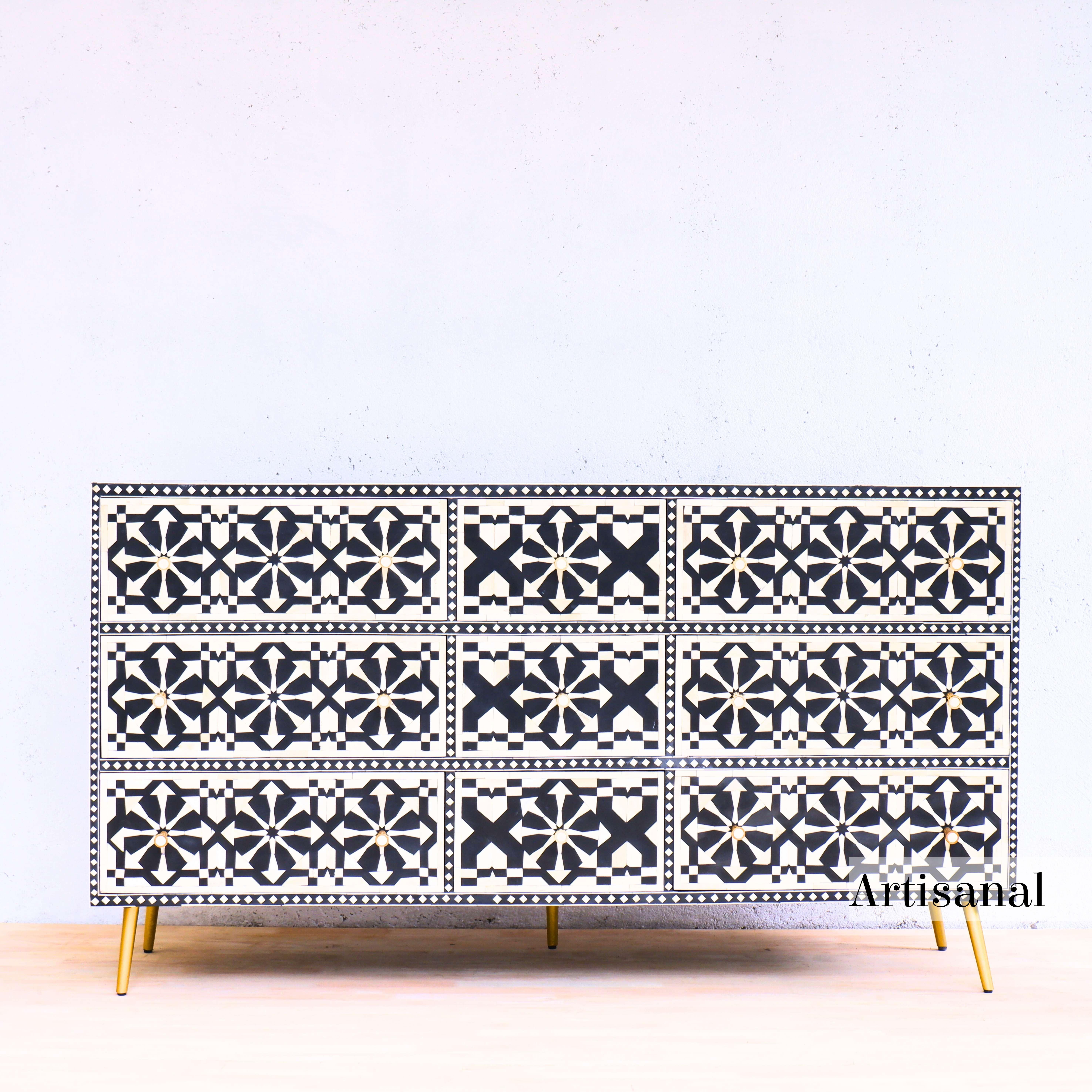 Mid-Century Modern Black Nine Drawer Dresser, Chest of Drawer Handcrafted by Artisanal For Sale