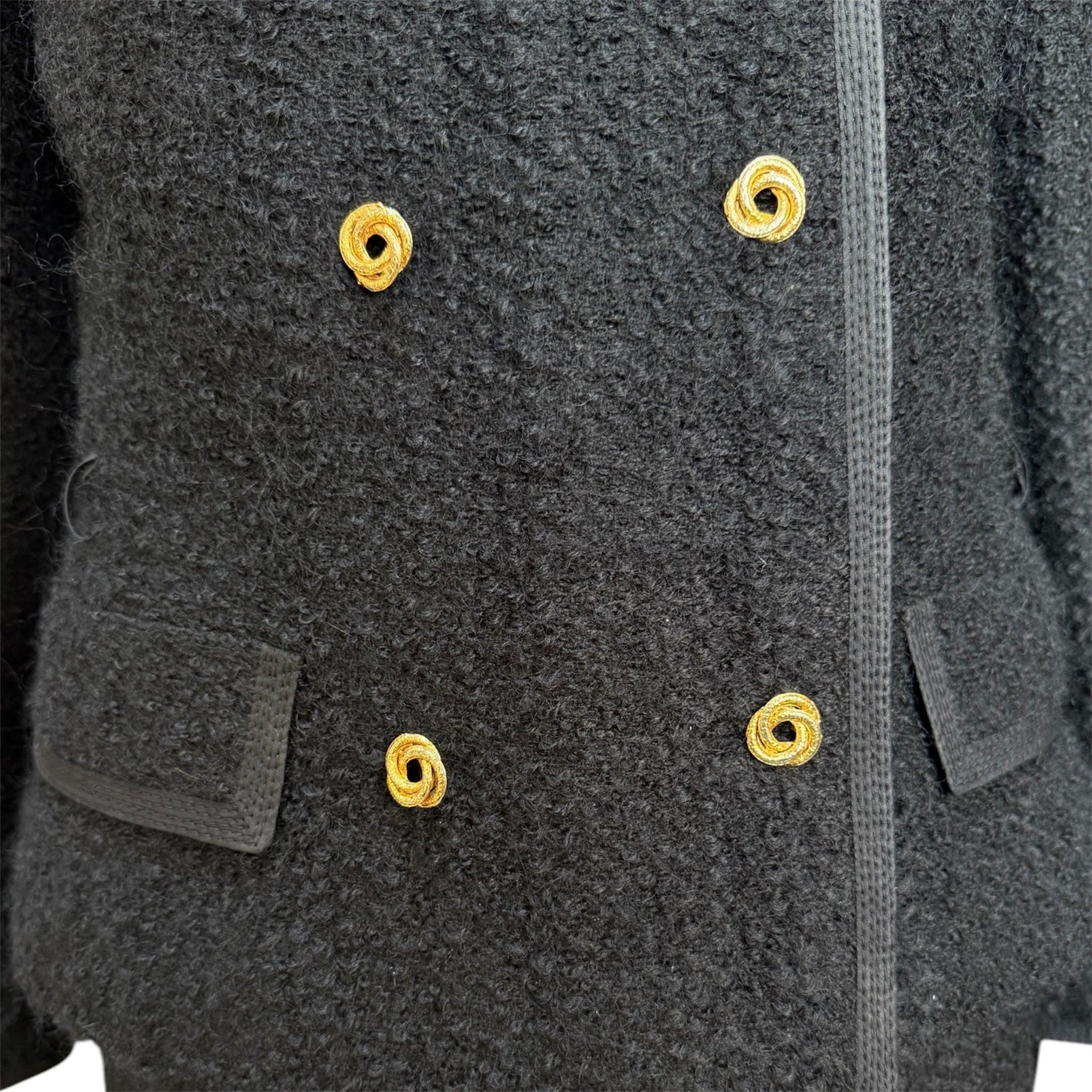 Black Nubby Wool Double-Breasted Skirt Suit, 1960s In Good Condition For Sale In Los Angeles, CA