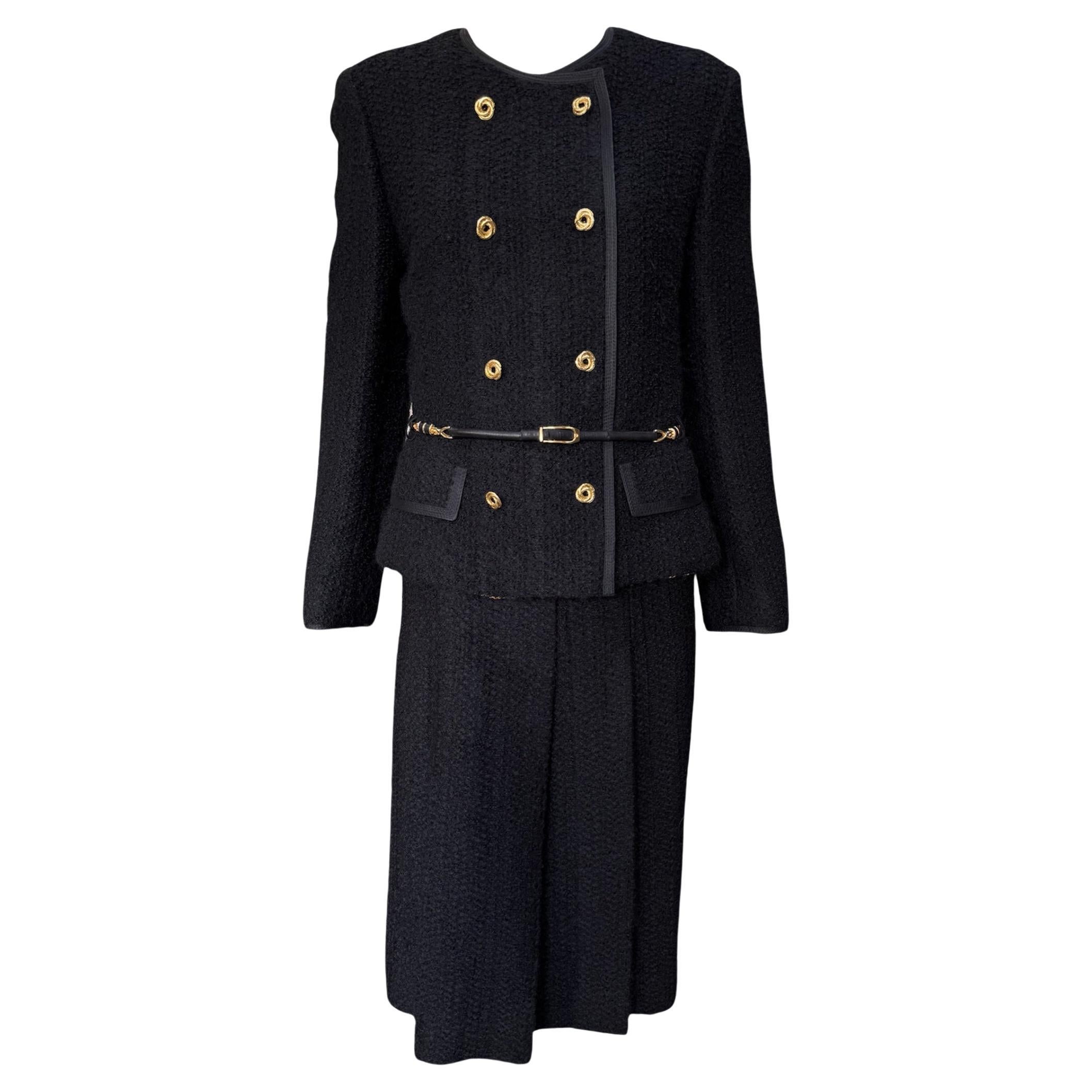 Black Nubby Wool Double-Breasted Skirt Suit, 1960s For Sale