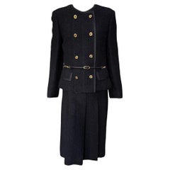 Black Nubby Wool Double-Breasted Skirt Suit, 1960s