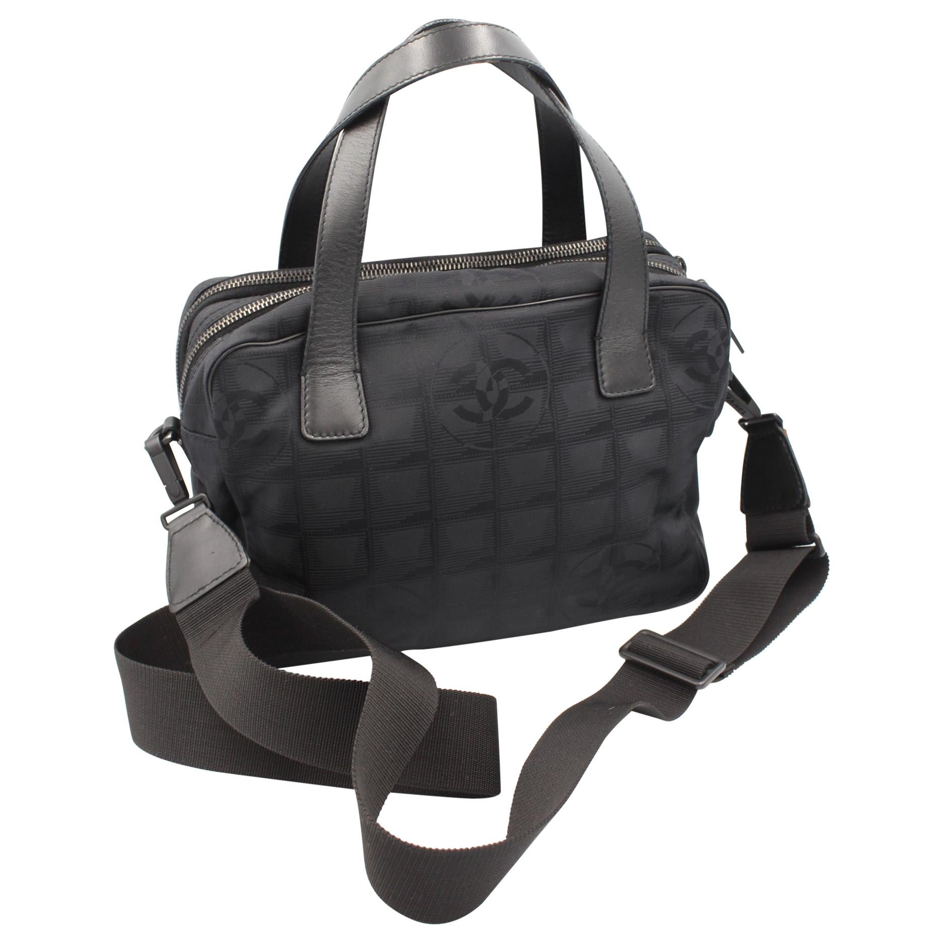 Black Nylon Chanel Travel Line Bag with Brossbody strap For Sale