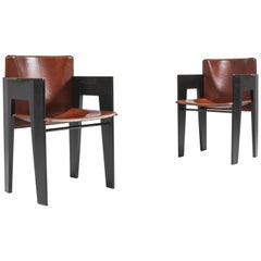 Black Oak and Brown Leather Arco Chairs