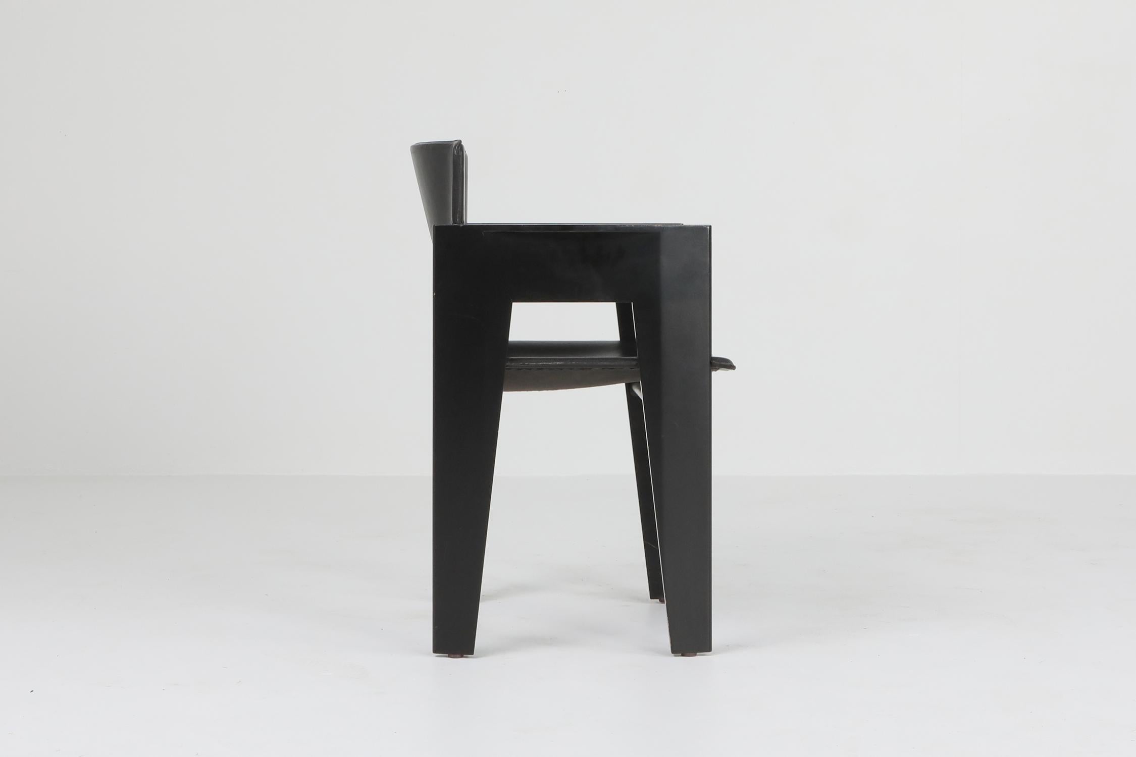 Postmodern chair by Arco, The Netherlands, ebonized oak and saddle leather chairs, 1980s
unusual armchair designed by a Dutch architect.
Sculptural and elegant appearance mixed with quality materials make these a great design.
 