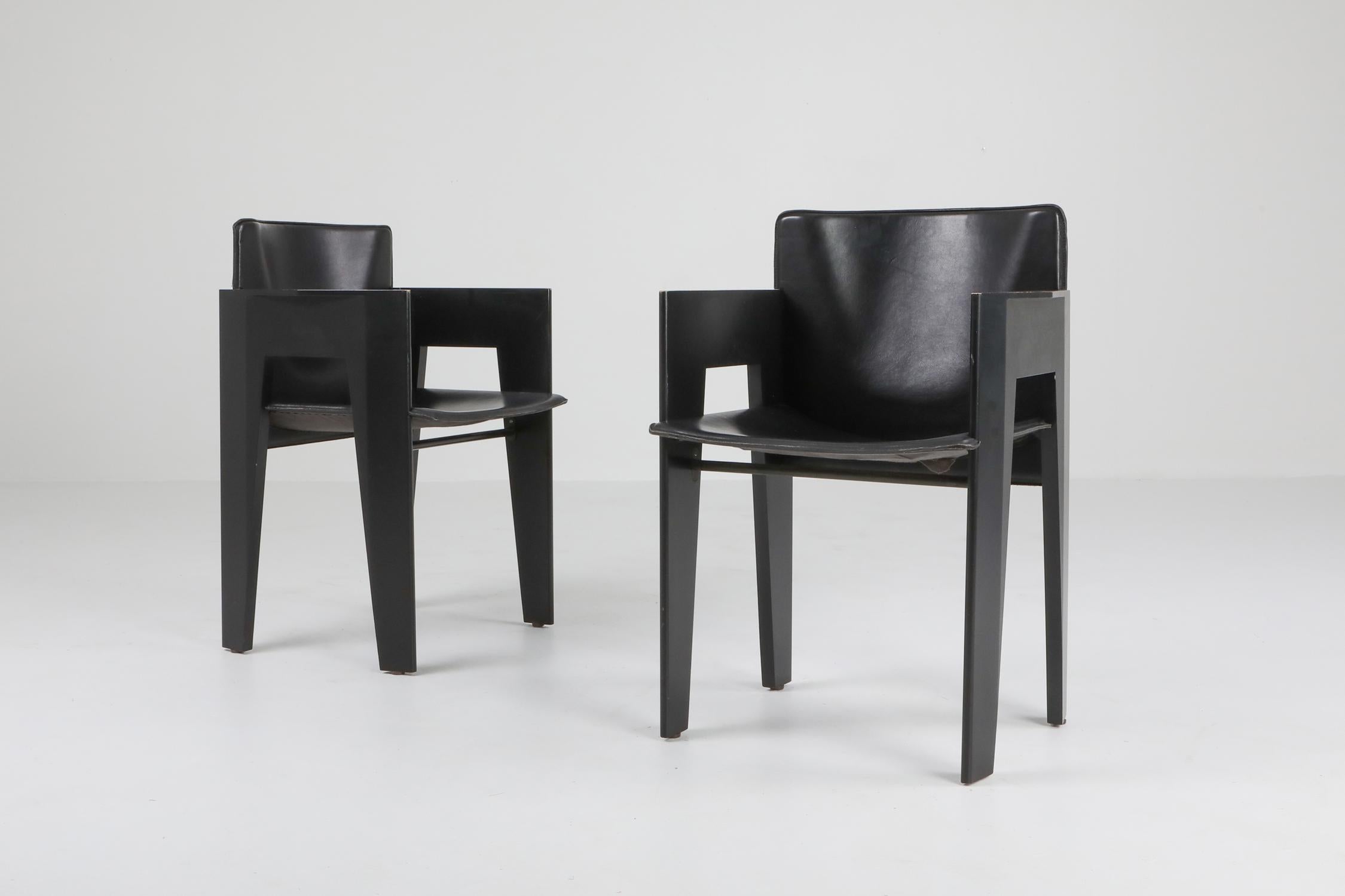 European Black Oak and Leather Arco Dining Chairs