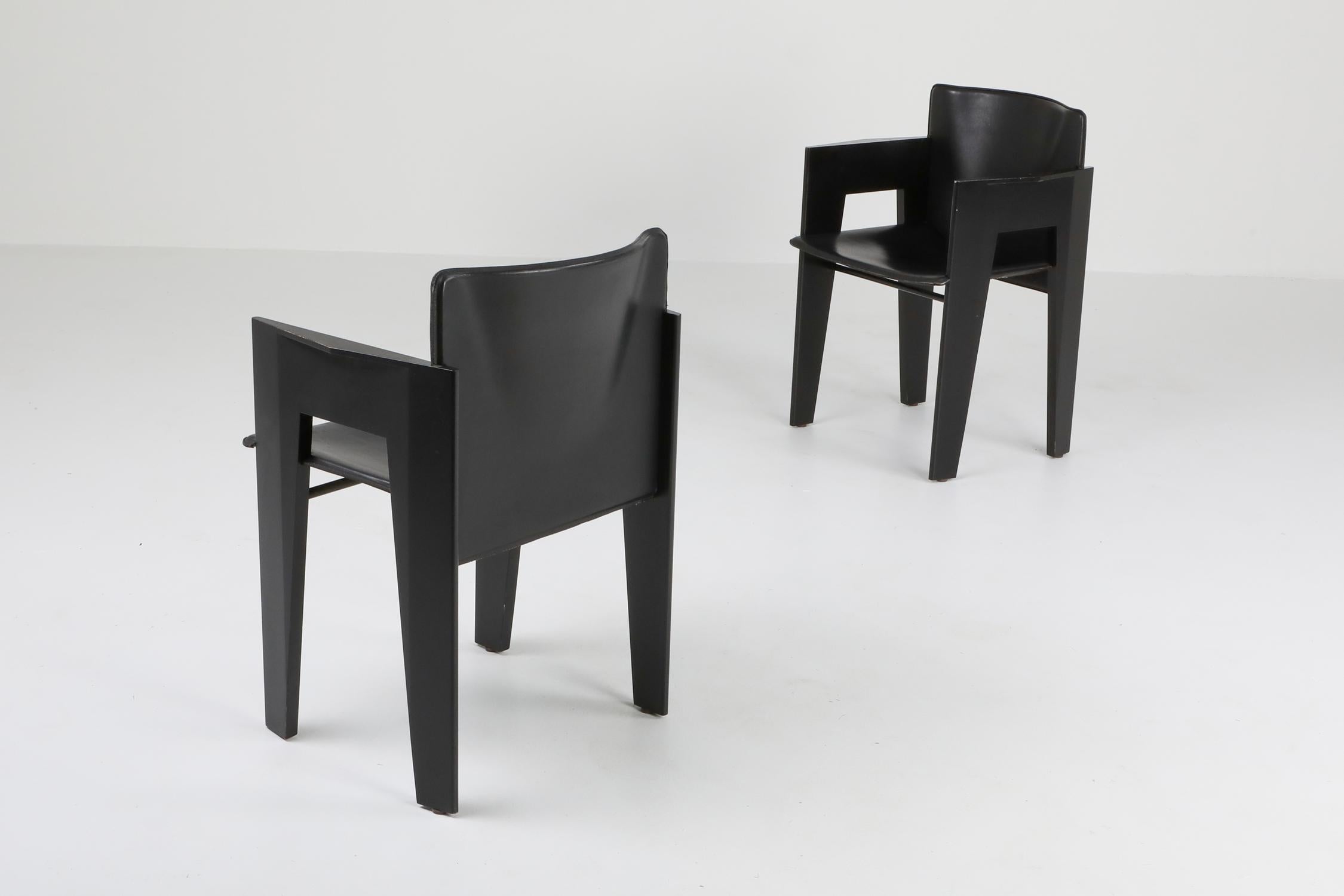 Black Oak and Leather Arco Dining Chairs In Excellent Condition In Antwerp, BE