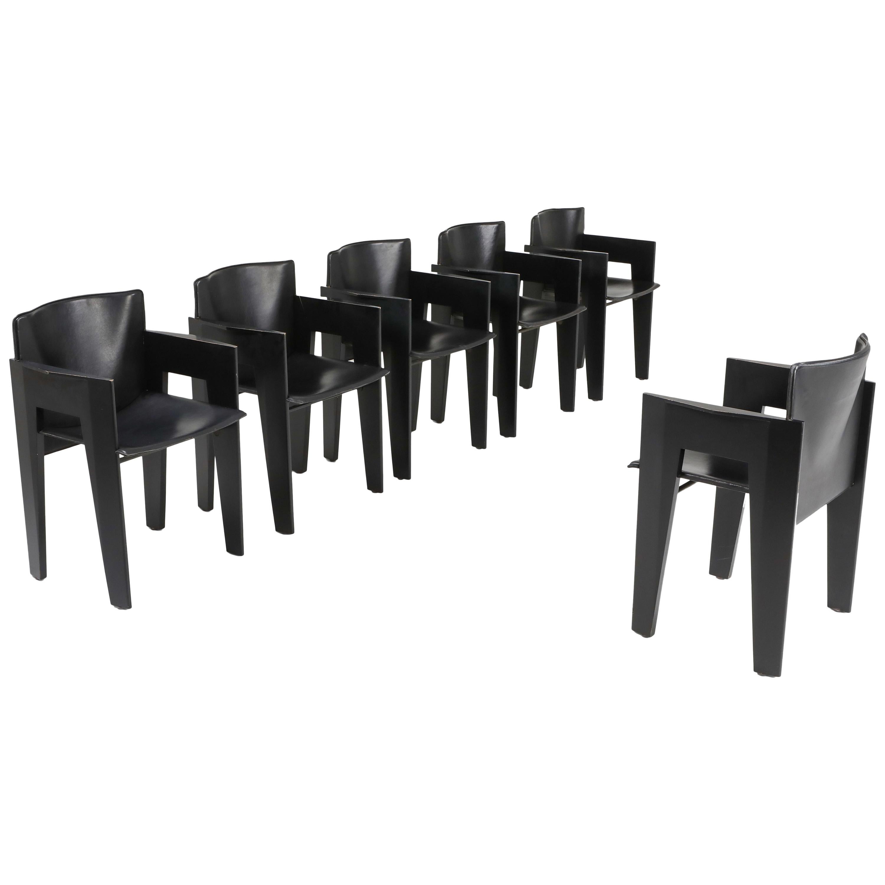 Black Oak and Leather Arco Dining Chairs 1