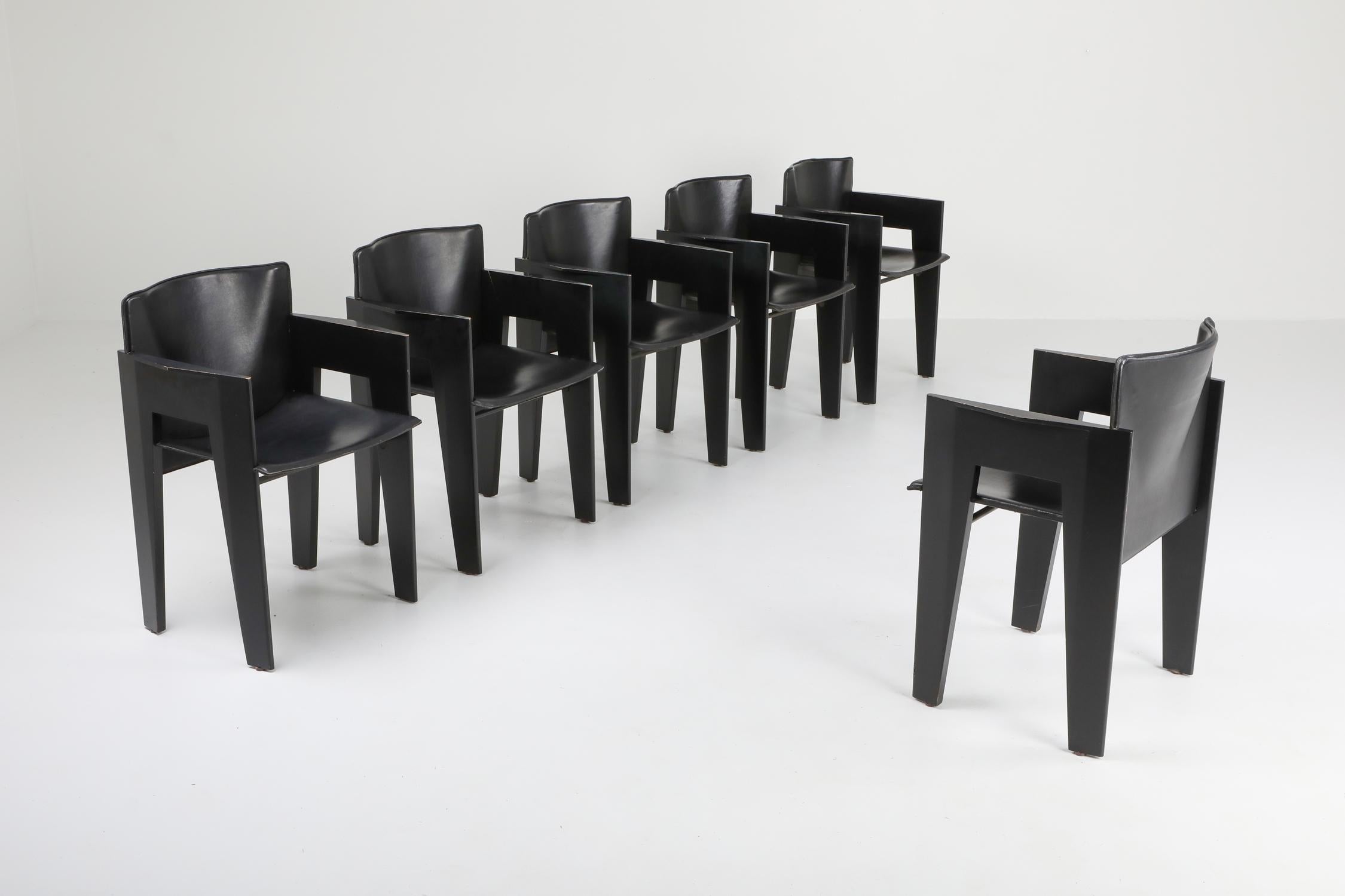 Black Oak and Leather Arco Dining Chairs 2