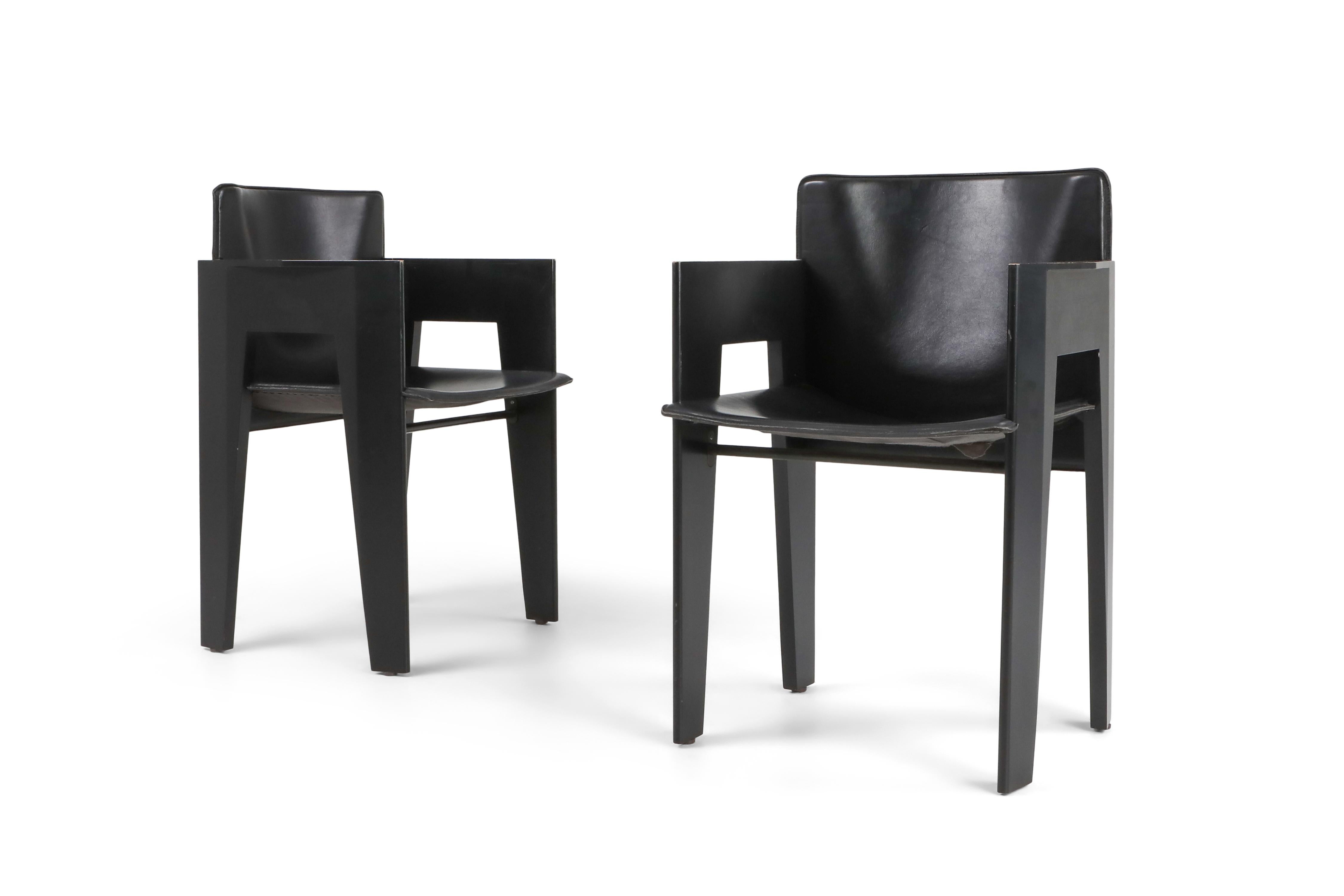 Black Oak and Leather Arco Dining Chairs 3