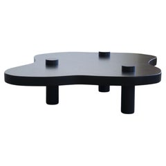 Table basse moderne organique de forme libre en chêne noir, design minimaliste.