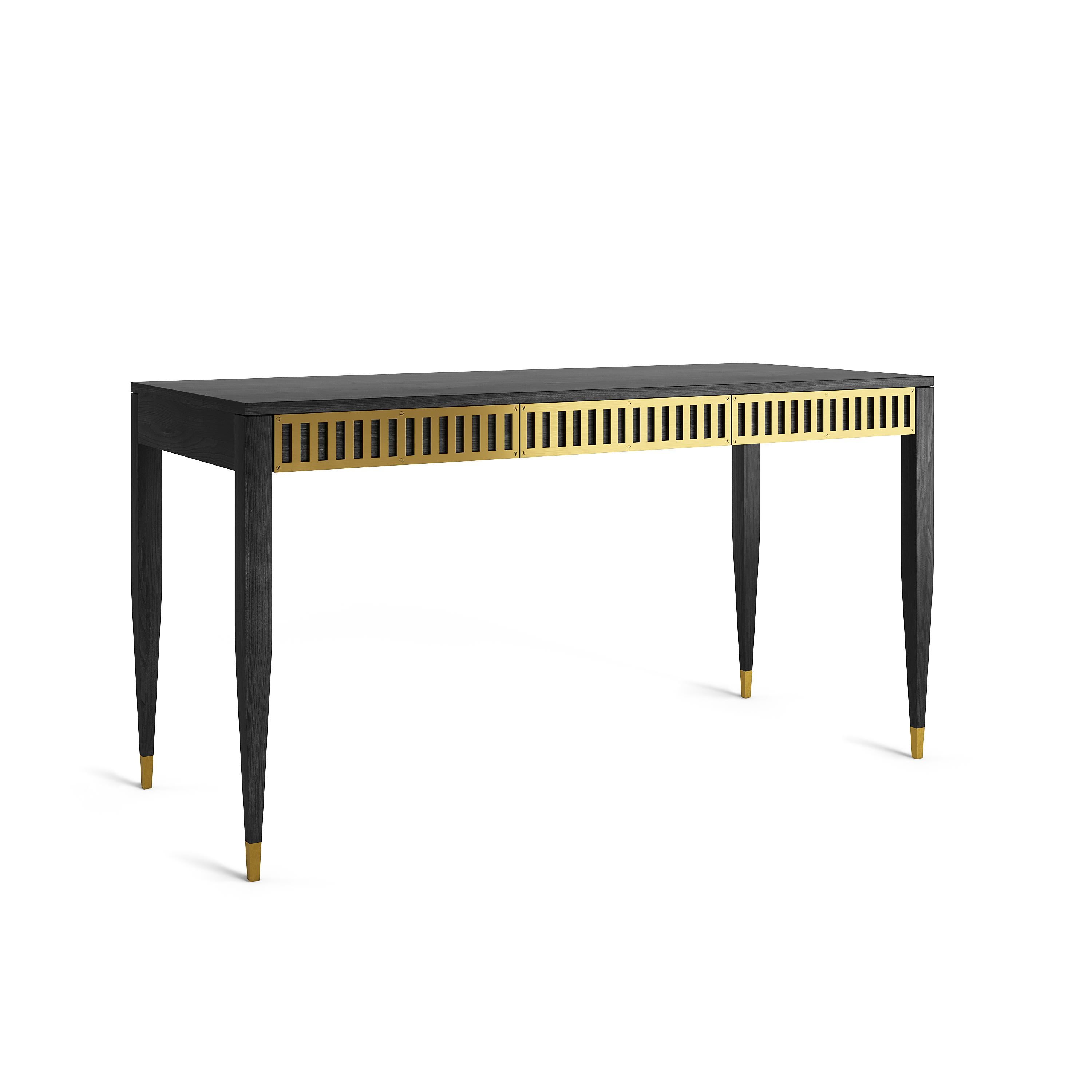 Black oak desk in mid-century style with three drawers with brass fronts. The tapered legs are finished with brass plated aluminum feet. Desk made of solid oak wood and wood covered with natural oak veneer. Other wood on request. Perfect as office
